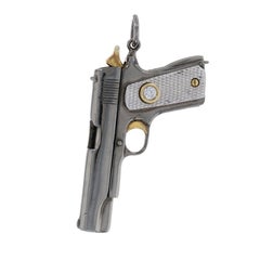 Pistol Replica Pendant Stainless Steel 18k Yellow Gold Diamond .11ctw Charm