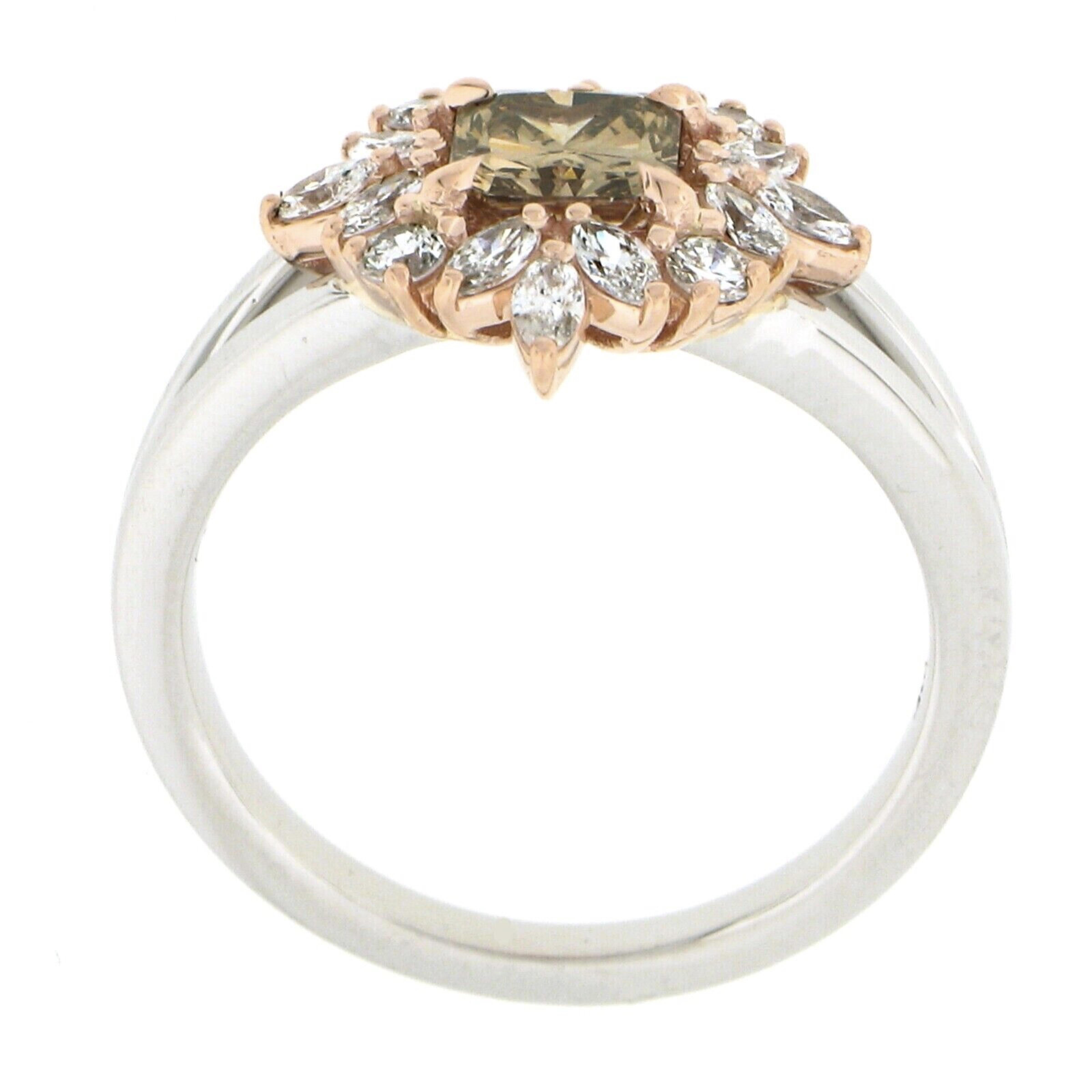 New Plat 14k Gold GIA Fancy Yellow Brown Solitaire W/ Marquise Diamond Halo Ring For Sale 1