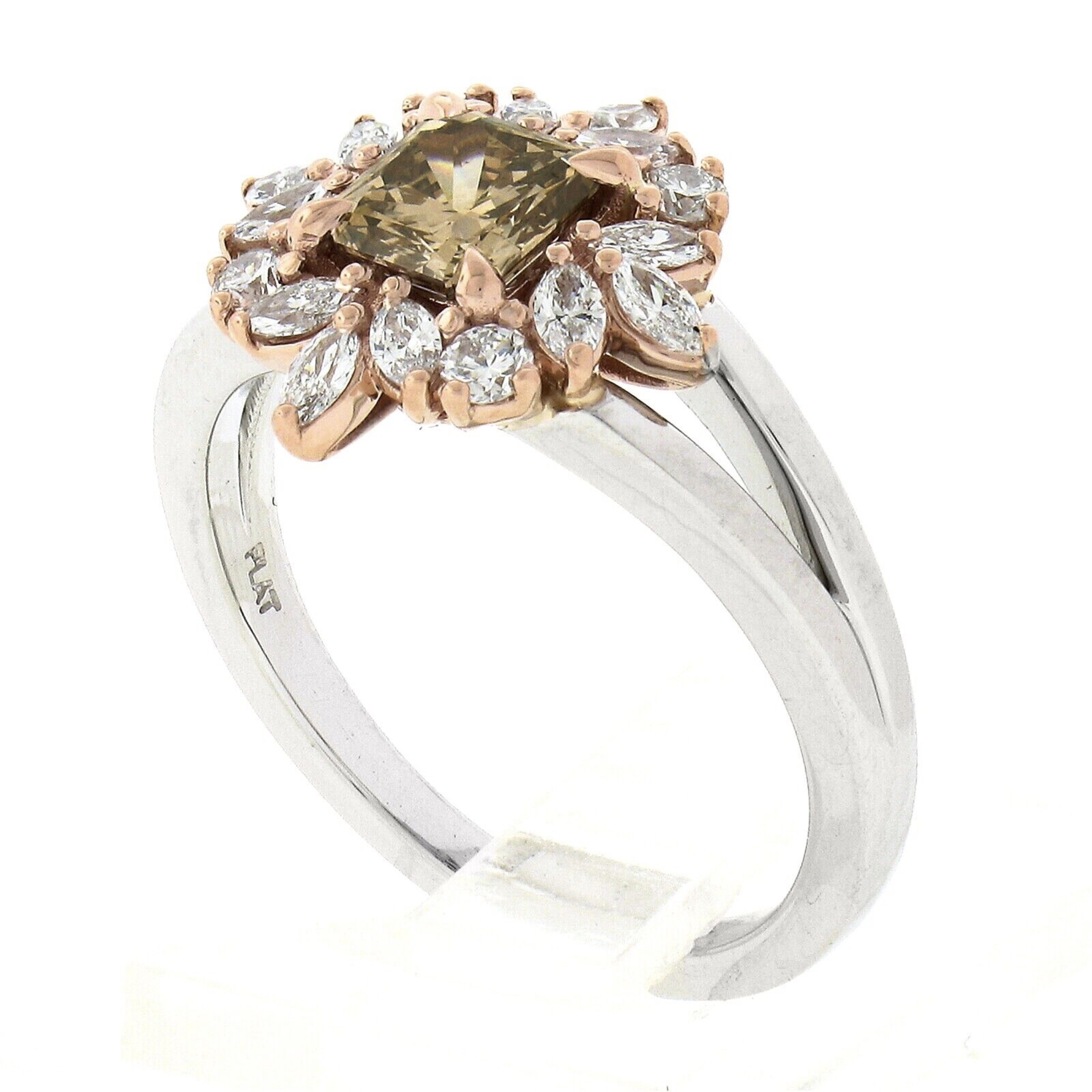 New Plat 14k Gold GIA Fancy Yellow Brown Solitaire W/ Marquise Diamond Halo Ring For Sale 2