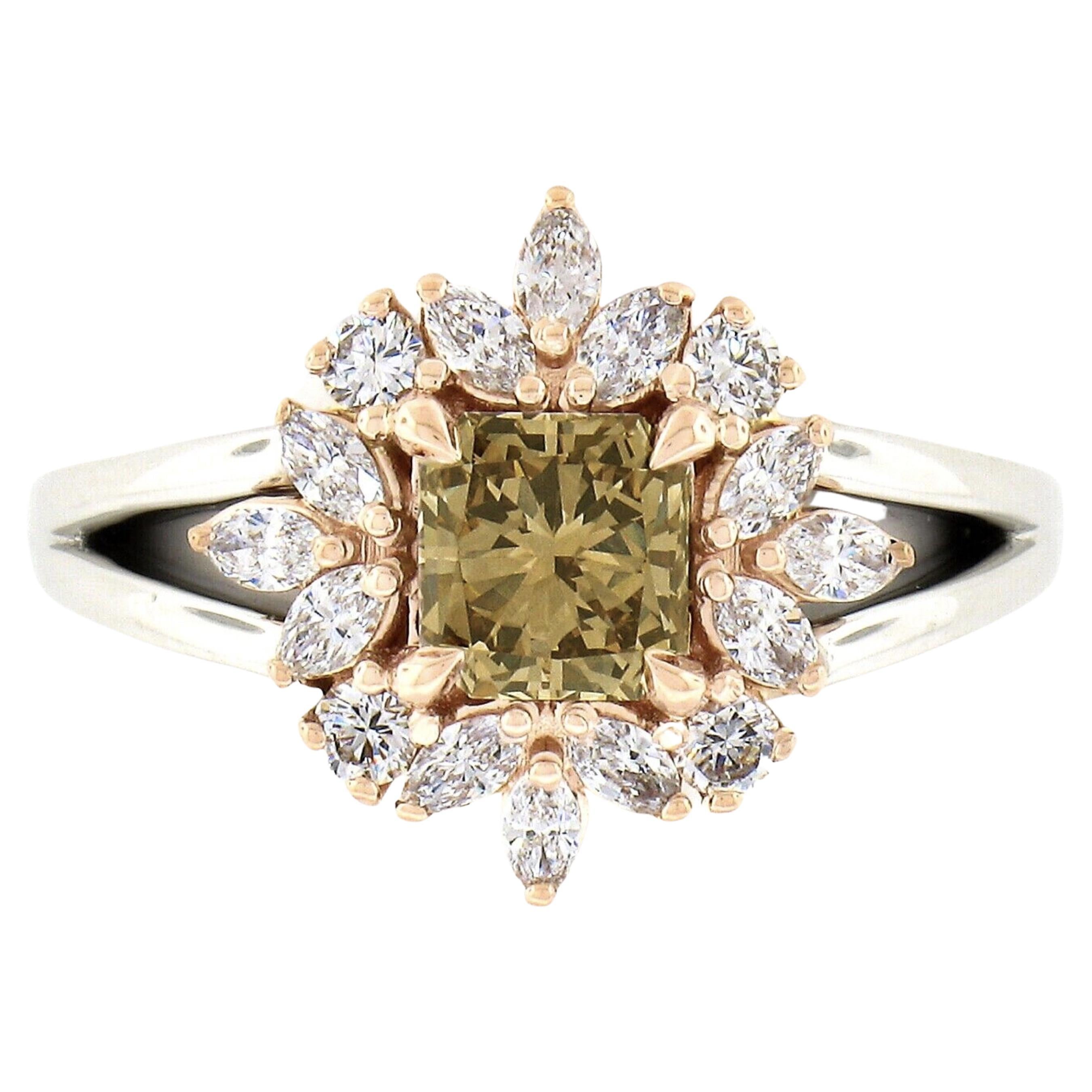 New Plat 14k Gold GIA Fancy Yellow Brown Solitaire W/ Marquise Diamond Halo Ring For Sale