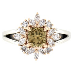 New Plat 14k Gold GIA Fancy Yellow Brown Solitaire W/ Marquise Diamond Halo Ring