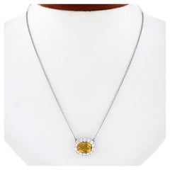 New Plat. 18k Gold 3.82ct GIA Oval Yellow Sapphire Diamond Halo Pendant Necklace
