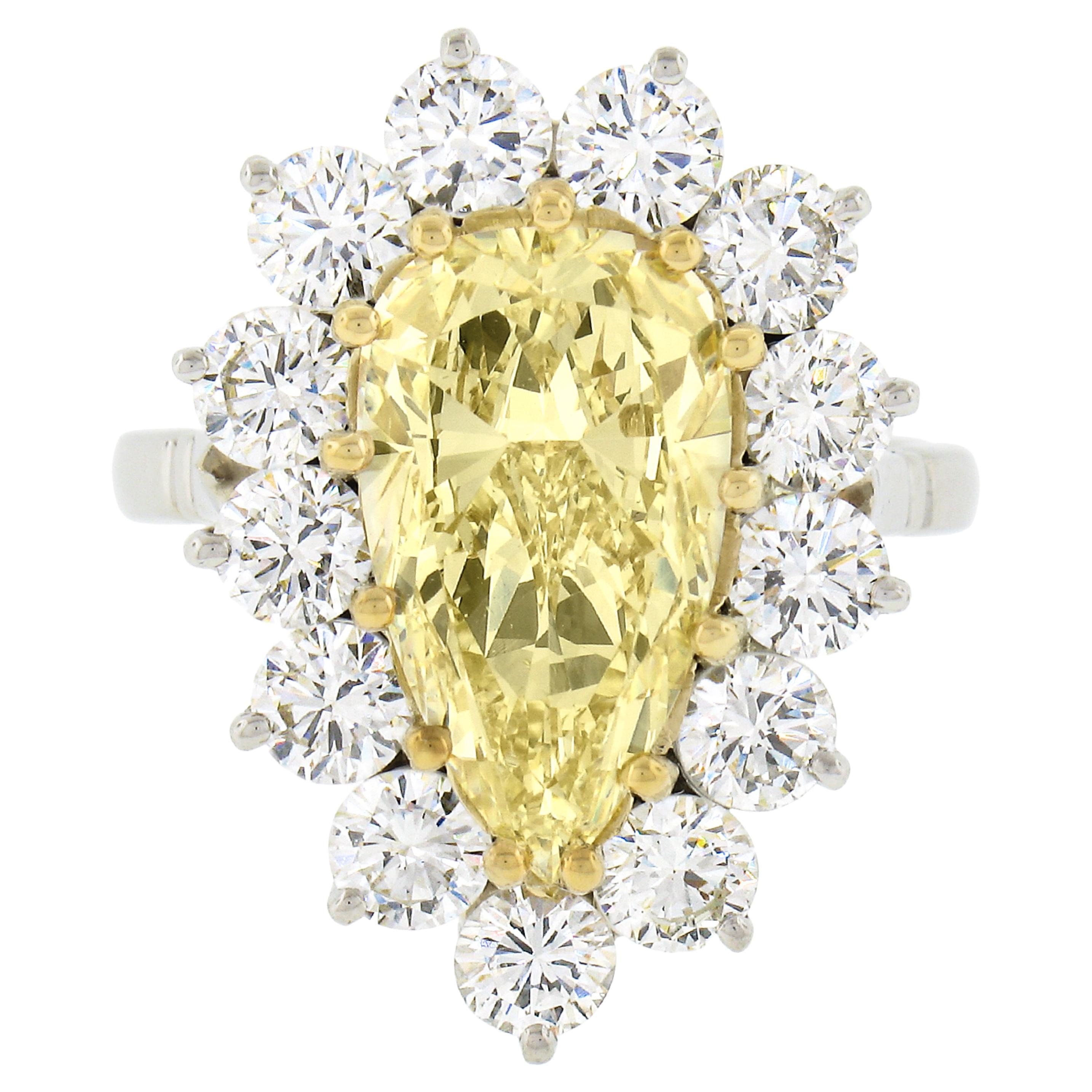 18k Gold 5.64ctw GIA Fancy Light Yellow Pear Diamond w/ Halo Engagement Ring