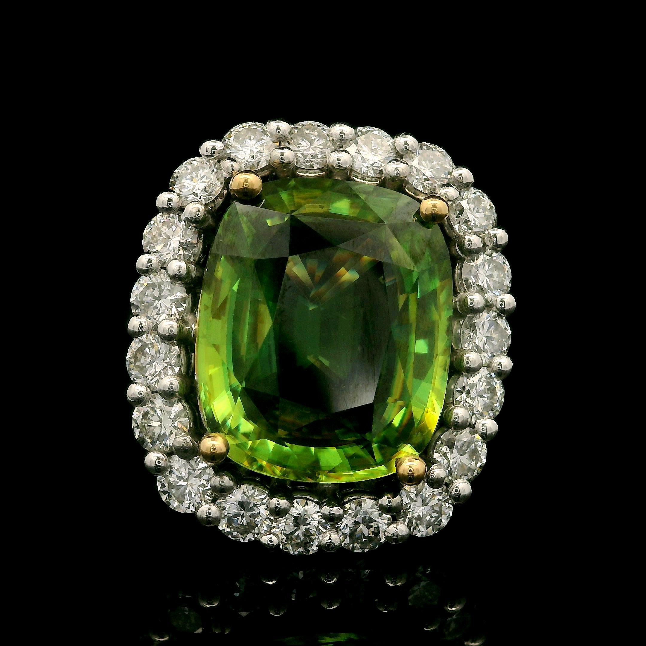 New Plat & 18k Gold GIA 10.46ctw Cushion Sphene and Diamond Halo Cocktail Ring For Sale 5