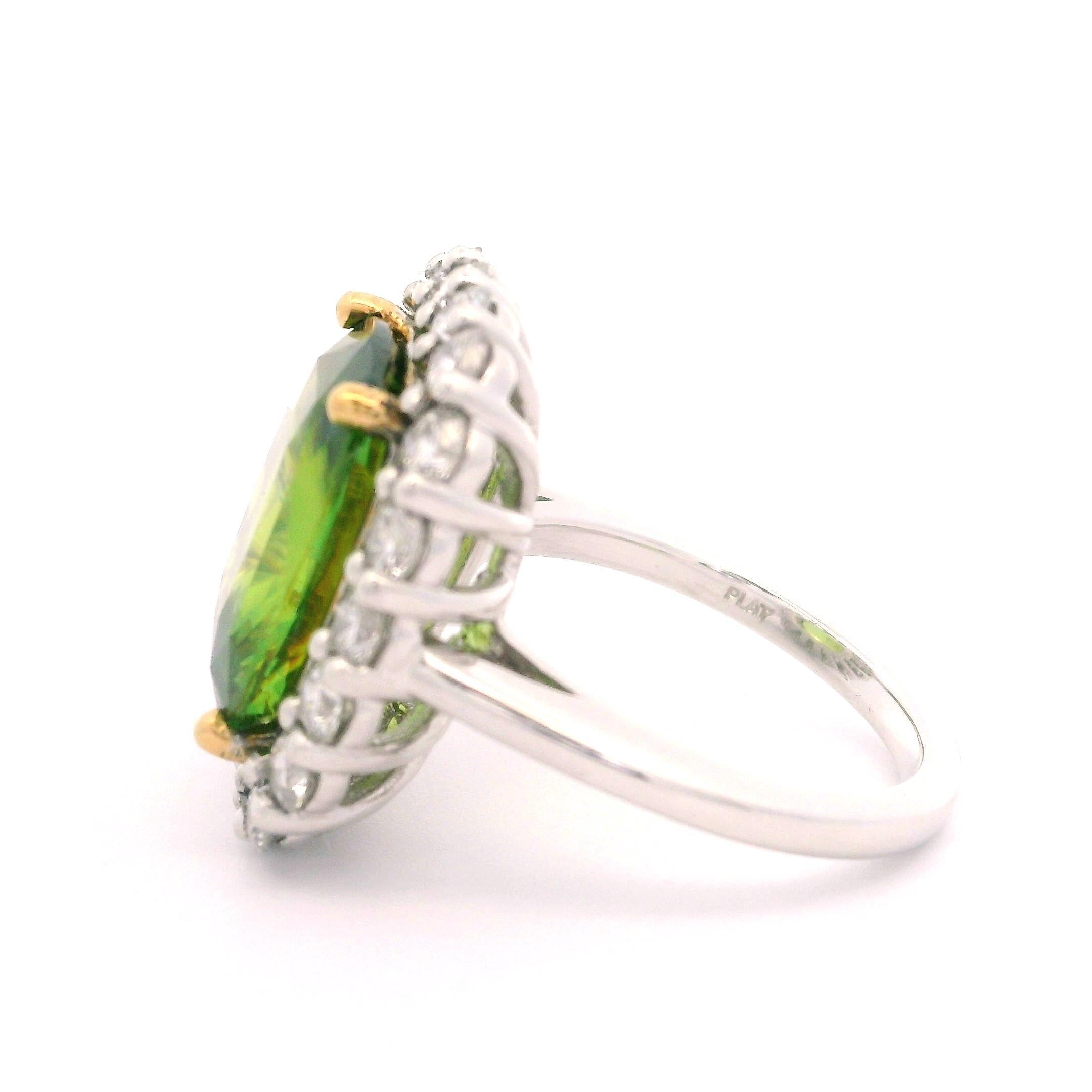 New Plat & 18k Gold GIA 10.46ctw Cushion Sphene and Diamond Halo Cocktail Ring In New Condition For Sale In Montclair, NJ