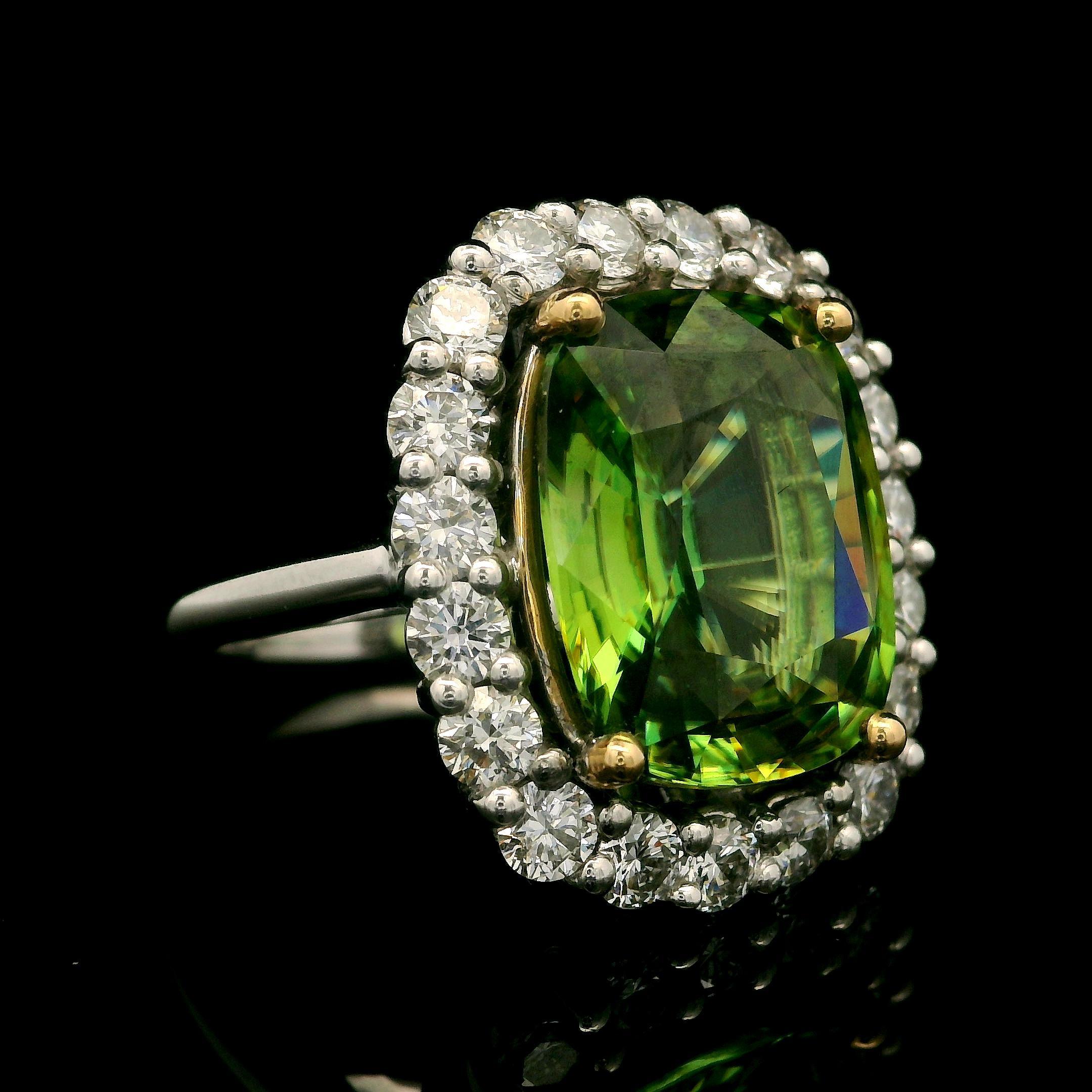 New Plat & 18k Gold GIA 10.46ctw Cushion Sphene and Diamond Halo Cocktail Ring For Sale 2