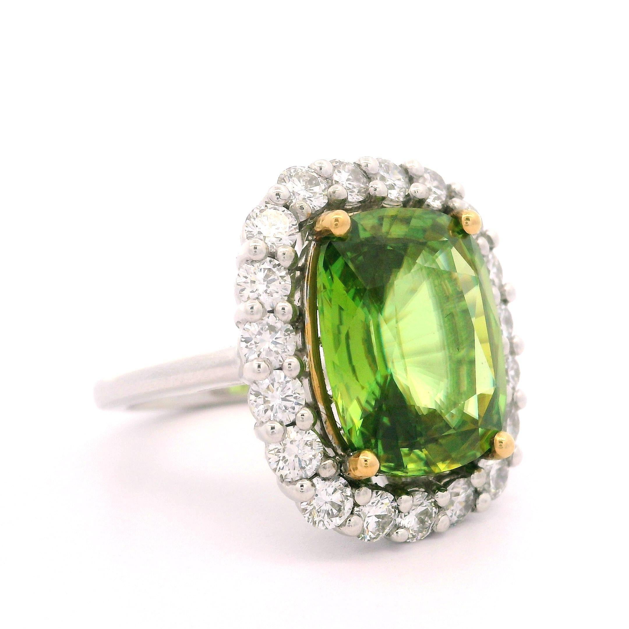 New Plat & 18k Gold GIA 10.46ctw Cushion Sphene and Diamond Halo Cocktail Ring For Sale 4
