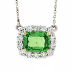 New Plat. 18k Gold GIA Cushion Tsavorite Solitaire Diamond Halo Pendant Necklace