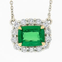 New Plat. 18k Gold GIA Cushion Tsavorite Solitaire Diamond Halo Pendant Necklace