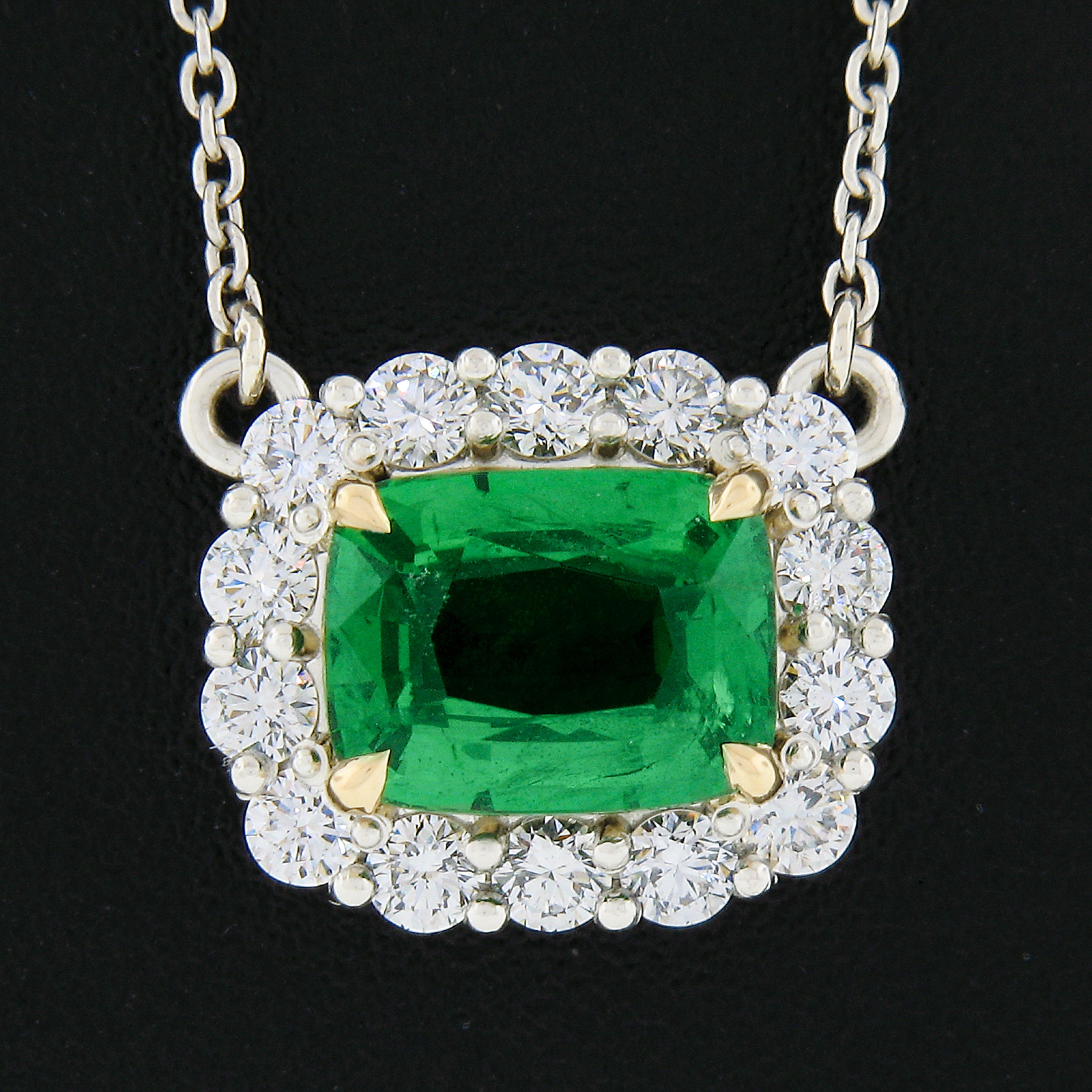 Cushion Cut New Plat. 18k Gold GIA Cushion Tsavorite Solitaire Diamond Halo Pendant Necklace For Sale