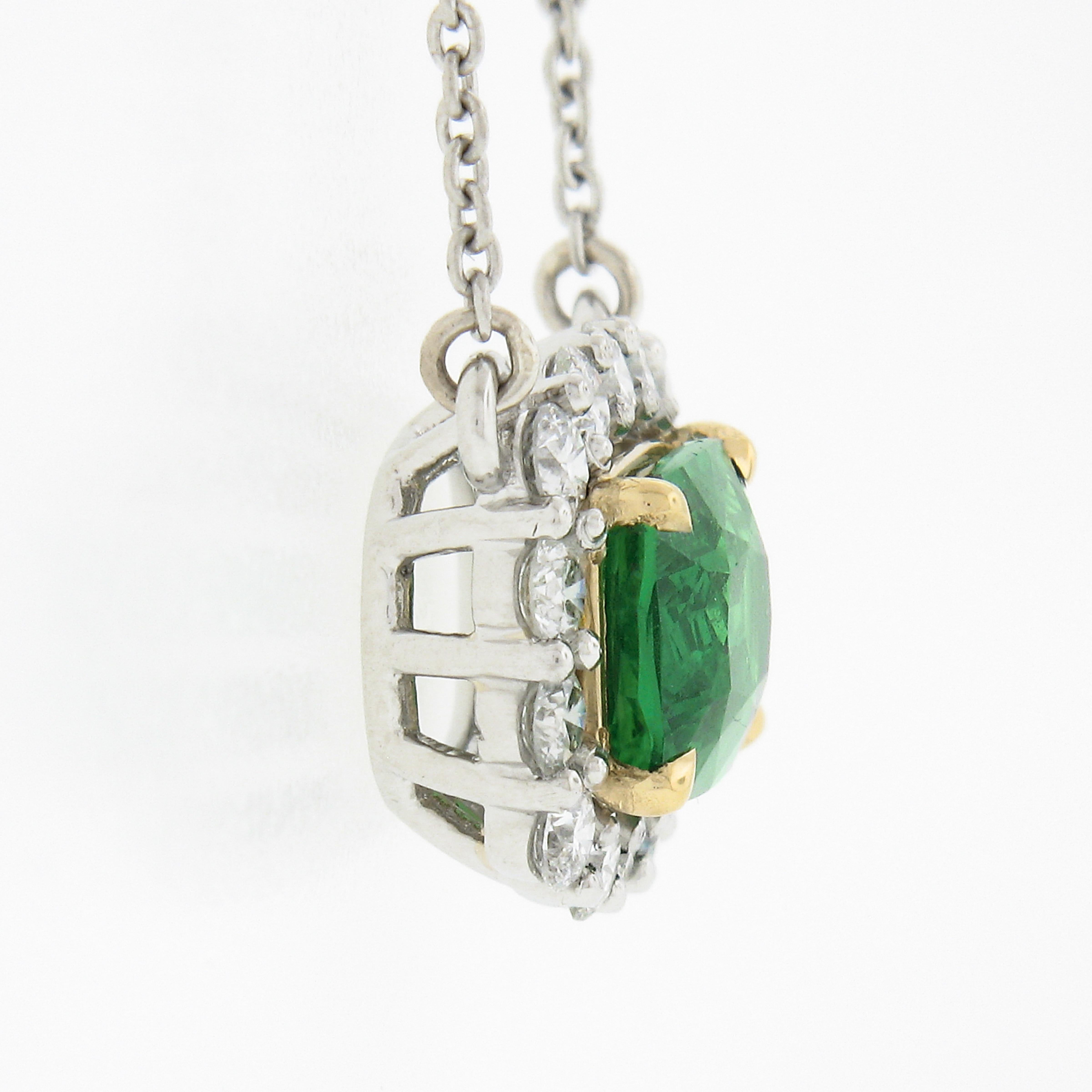 New Plat. 18k Gold GIA Cushion Tsavorite Solitaire Diamond Halo Pendant Necklace In New Condition For Sale In Montclair, NJ