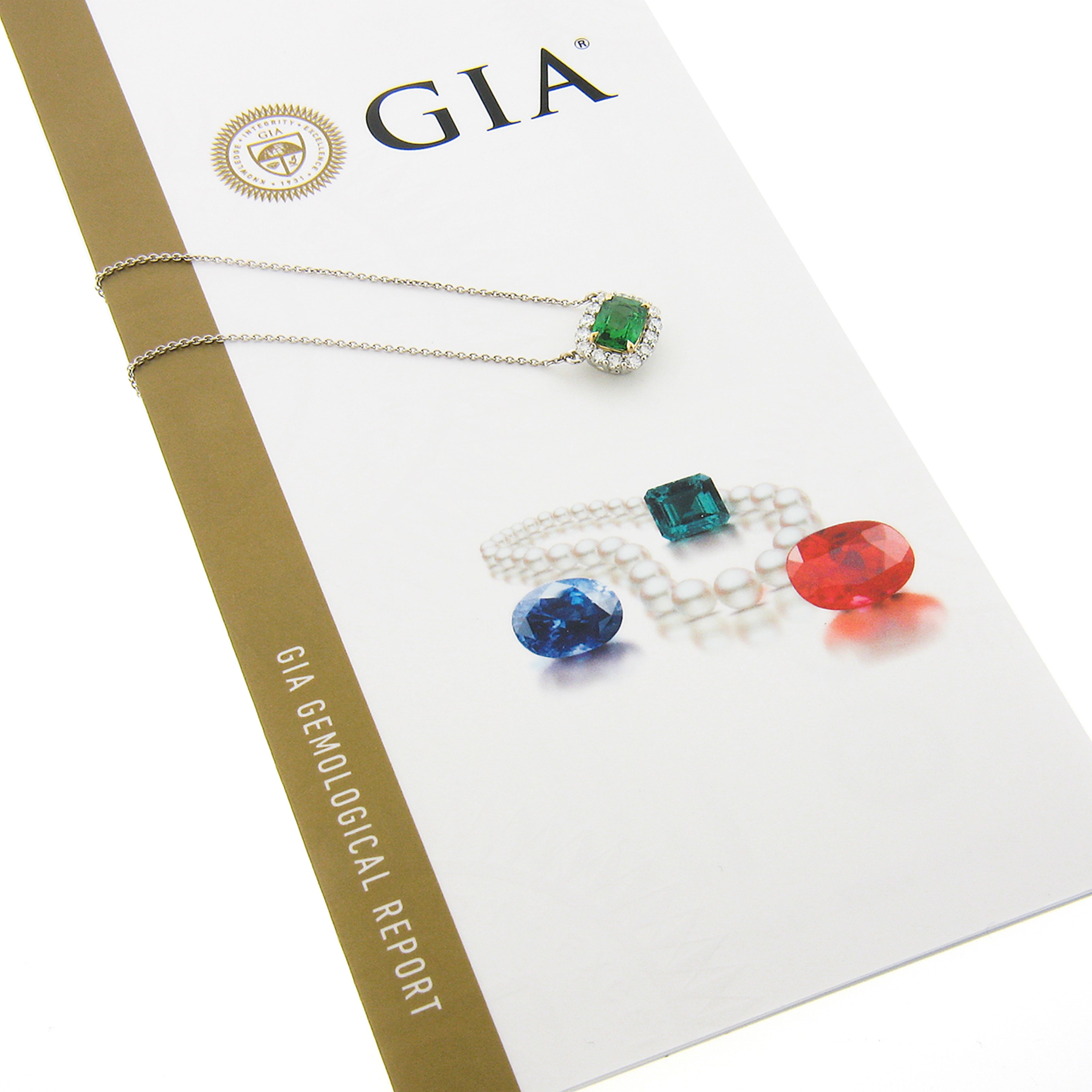New Plat. 18k Gold GIA Cushion Tsavorite Solitaire Diamond Halo Pendant Necklace For Sale 3