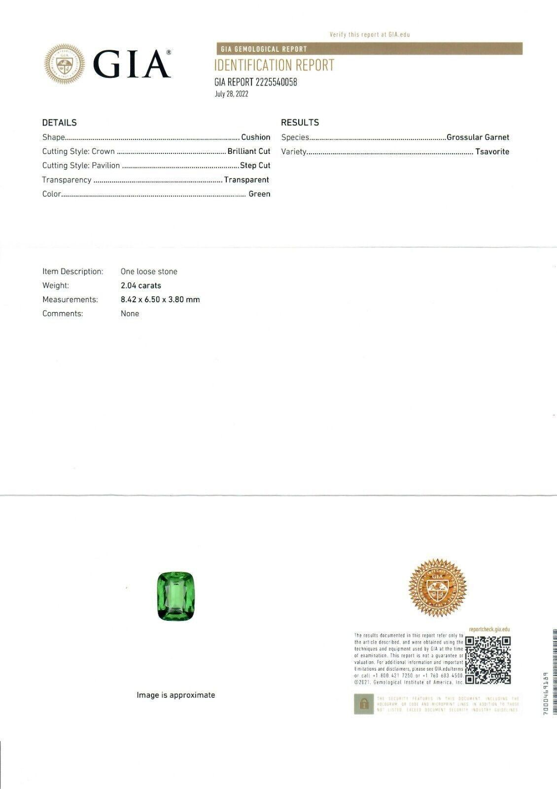 New Plat. 18k Gold GIA Cushion Tsavorite Solitaire Diamond Halo Pendant Necklace For Sale 4