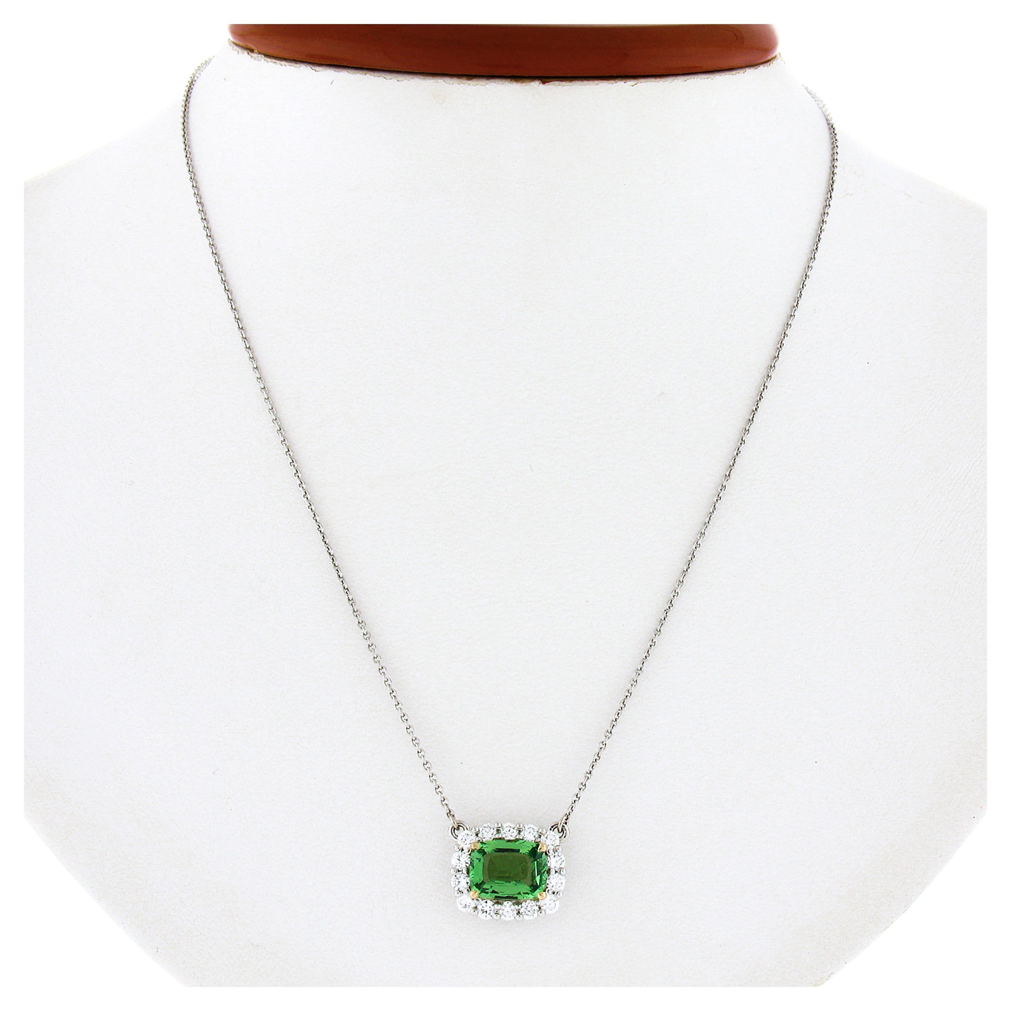 New Plat. 18k Gold GIA Cushion Tsavorite Solitaire Diamond Halo Pendant Necklace For Sale