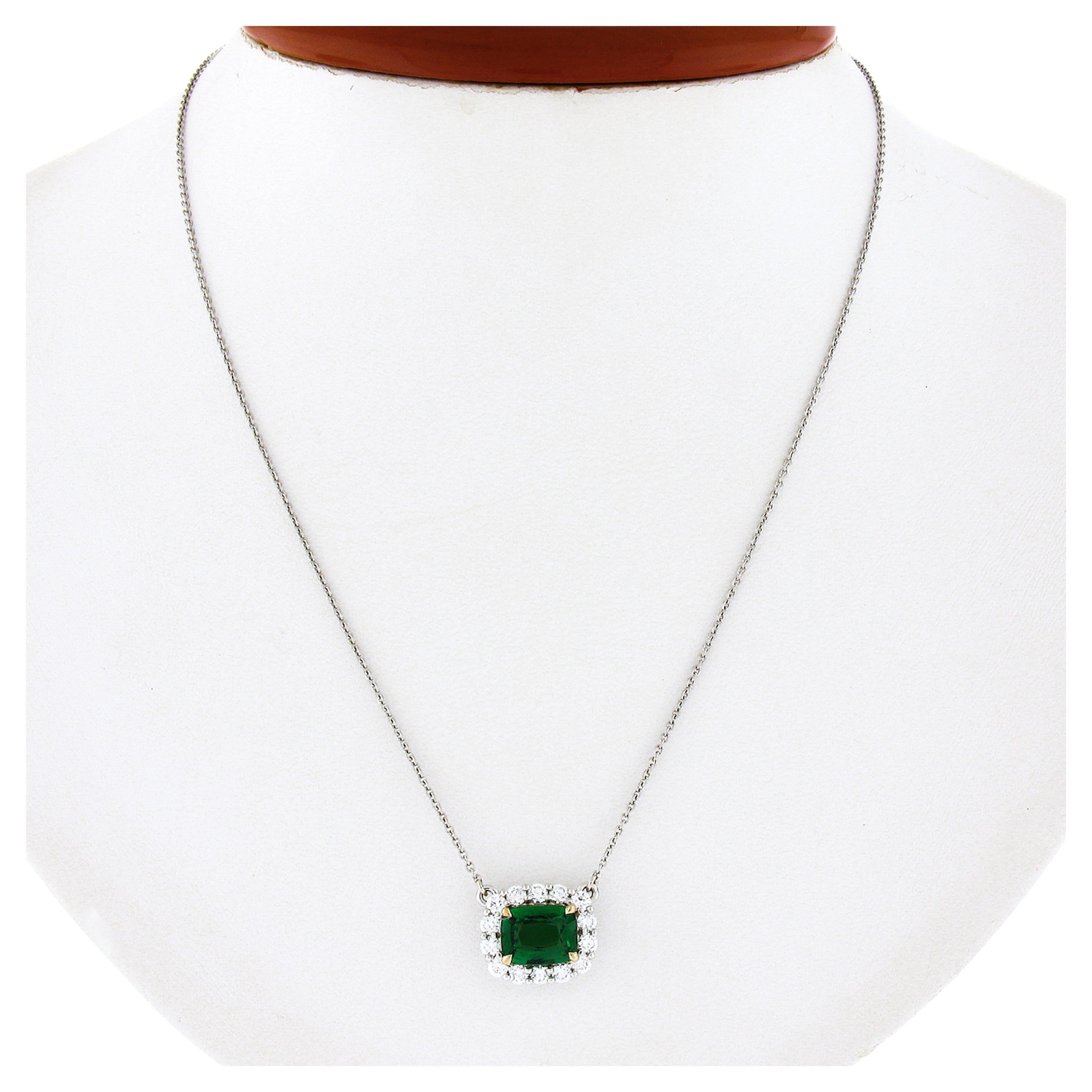 New Plat. 18k Gold GIA Cushion Tsavorite Solitaire Diamond Halo Pendant Necklace For Sale