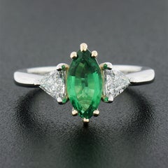 New Plat. & 18k Gold GIA Marquise Green Emerald w/ Trillion Diamond 3 Stone Ring
