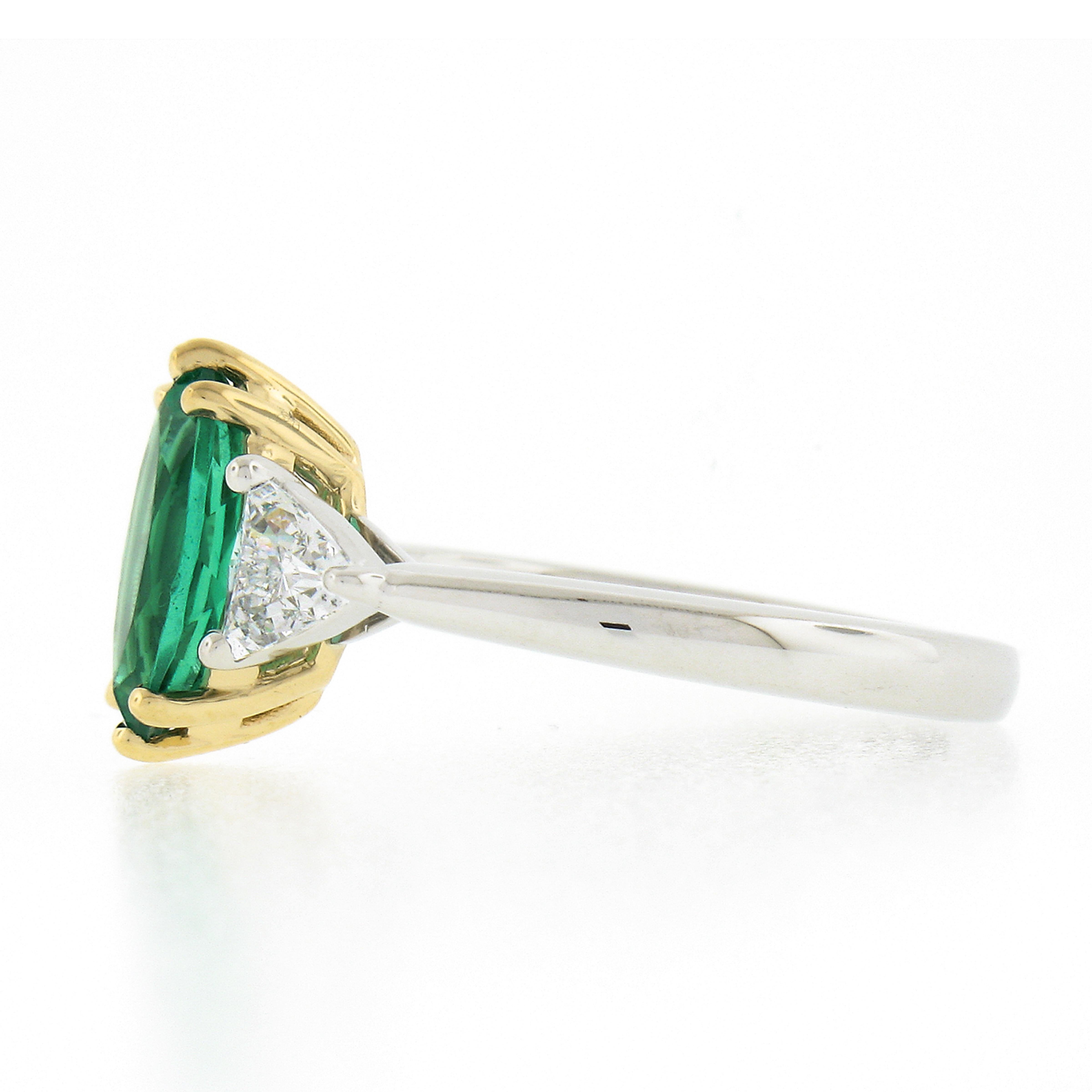 Marquise Cut New Plat. & 18k Gold GIA Marquise Green Emerald w/ Trillion Diamond 3 Stone Ring For Sale