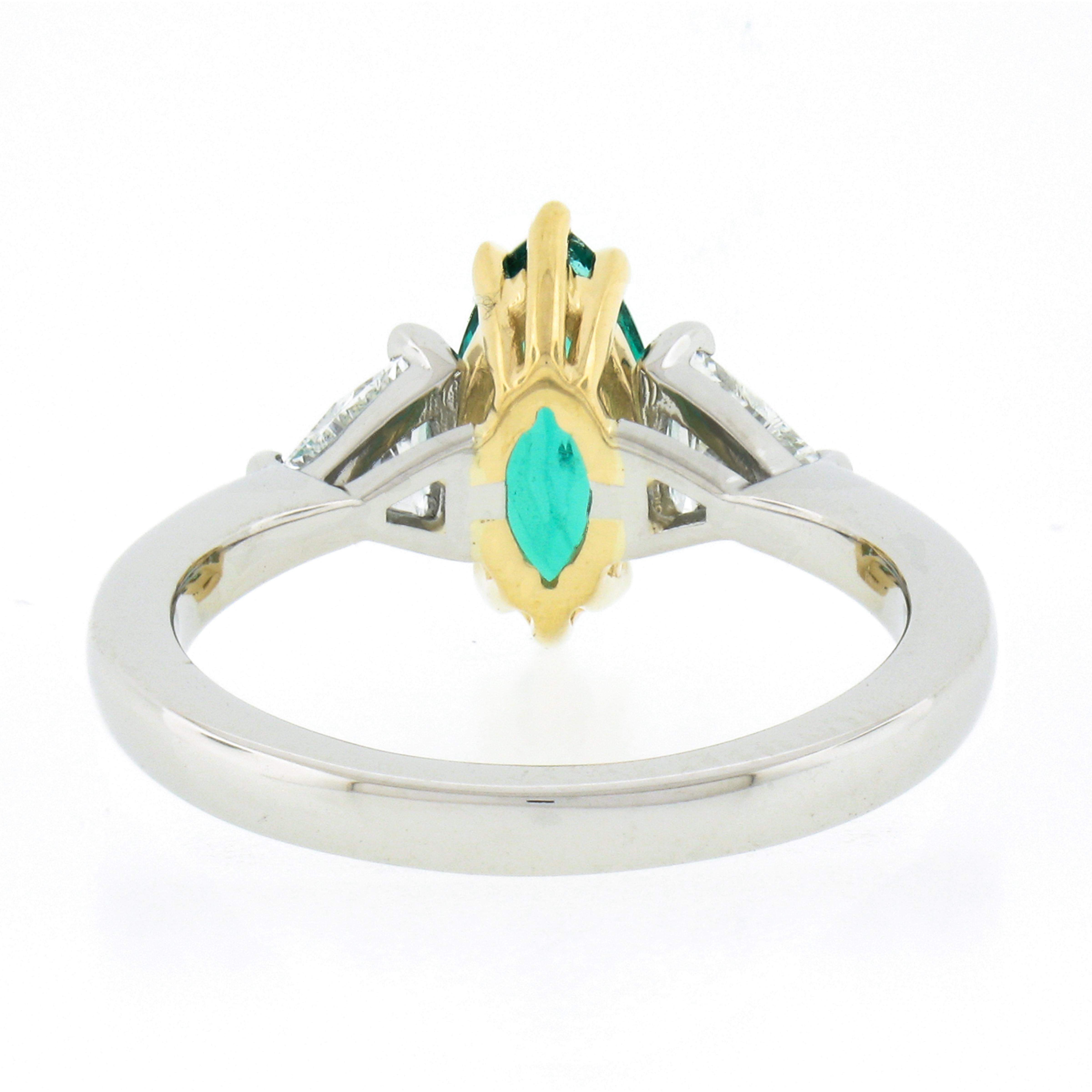 New Plat. & 18k Gold GIA Marquise Green Emerald w/ Trillion Diamond 3 Stone Ring In New Condition For Sale In Montclair, NJ