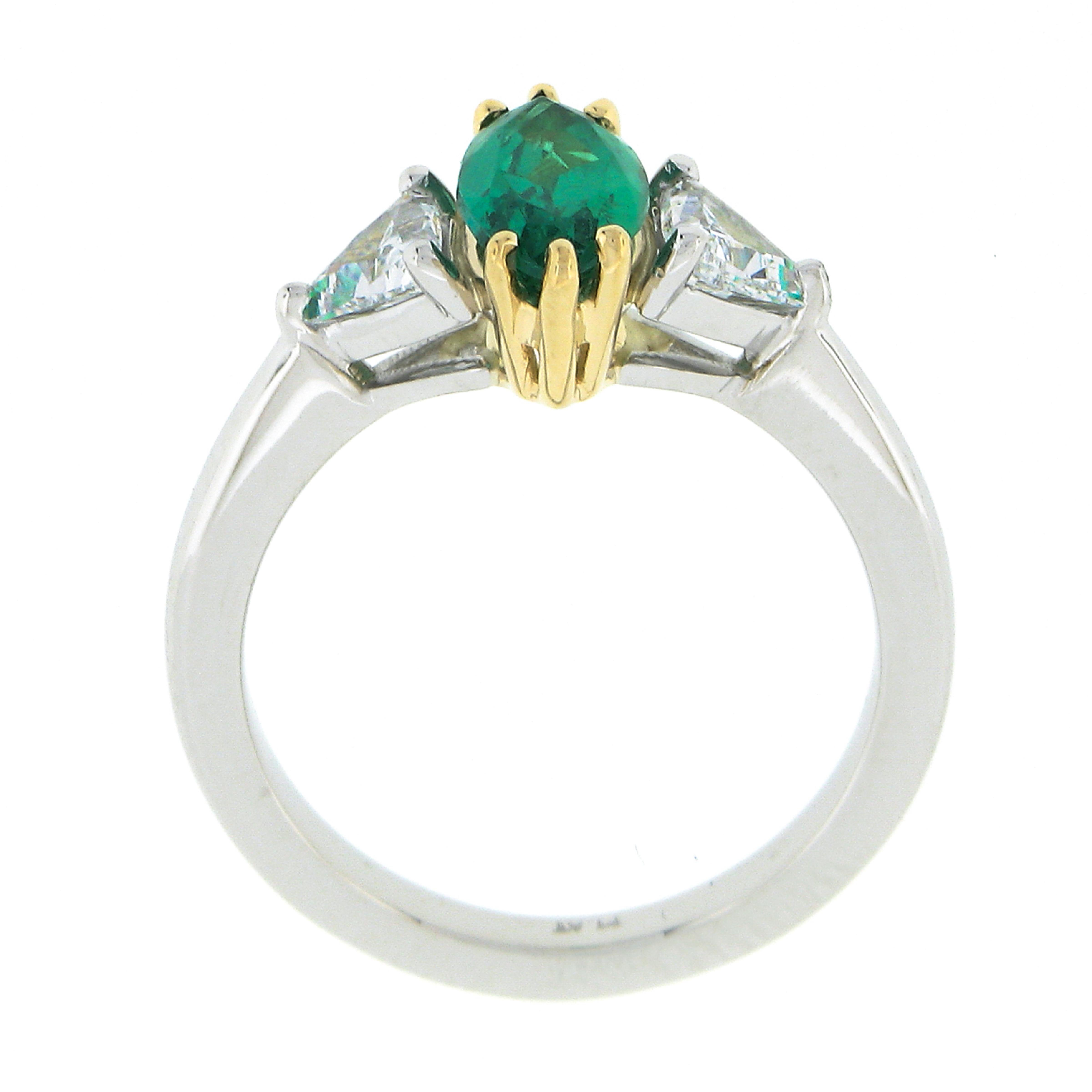 Women's New Plat. & 18k Gold GIA Marquise Green Emerald w/ Trillion Diamond 3 Stone Ring For Sale