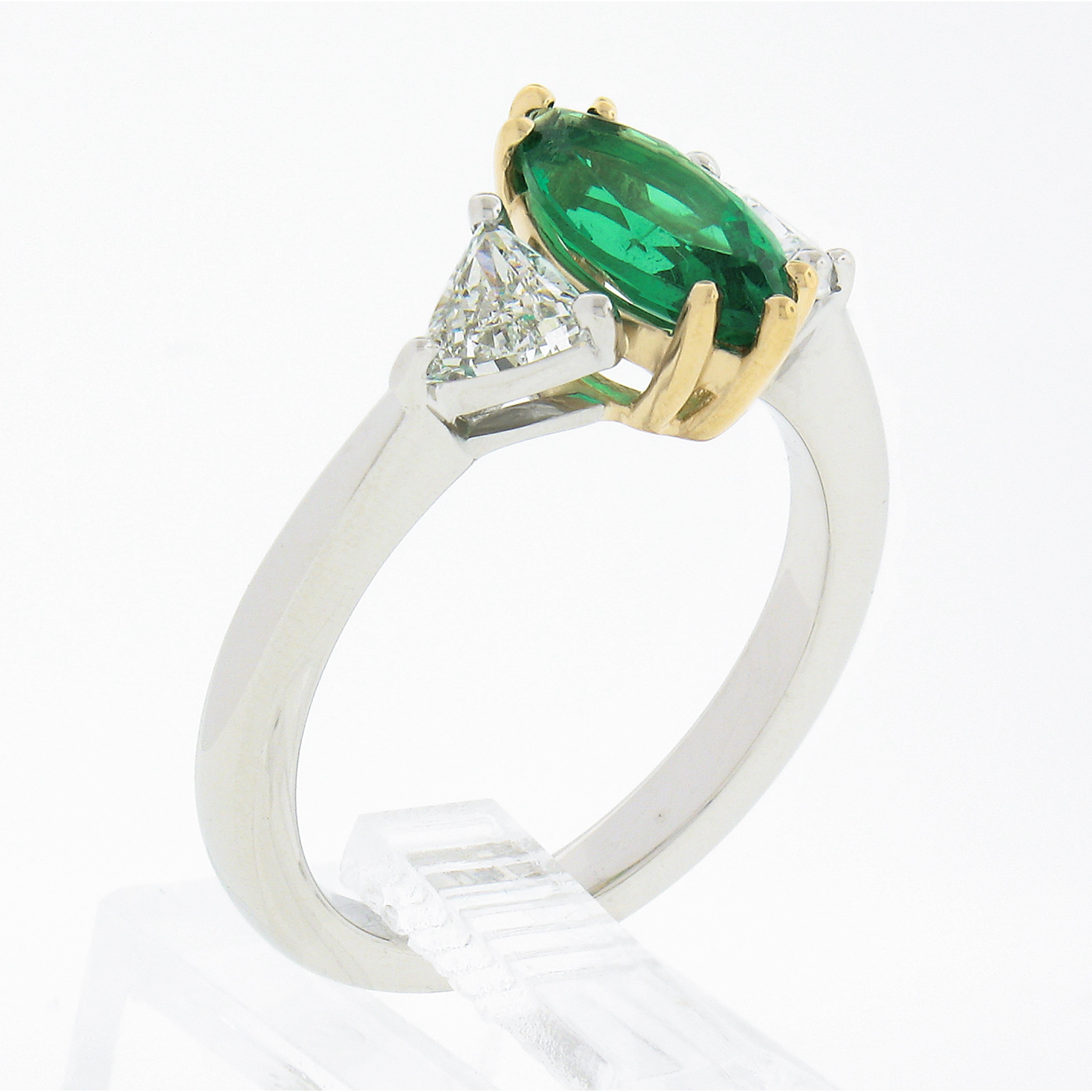 New Plat. & 18k Gold GIA Marquise Green Emerald w/ Trillion Diamond 3 Stone Ring For Sale 1