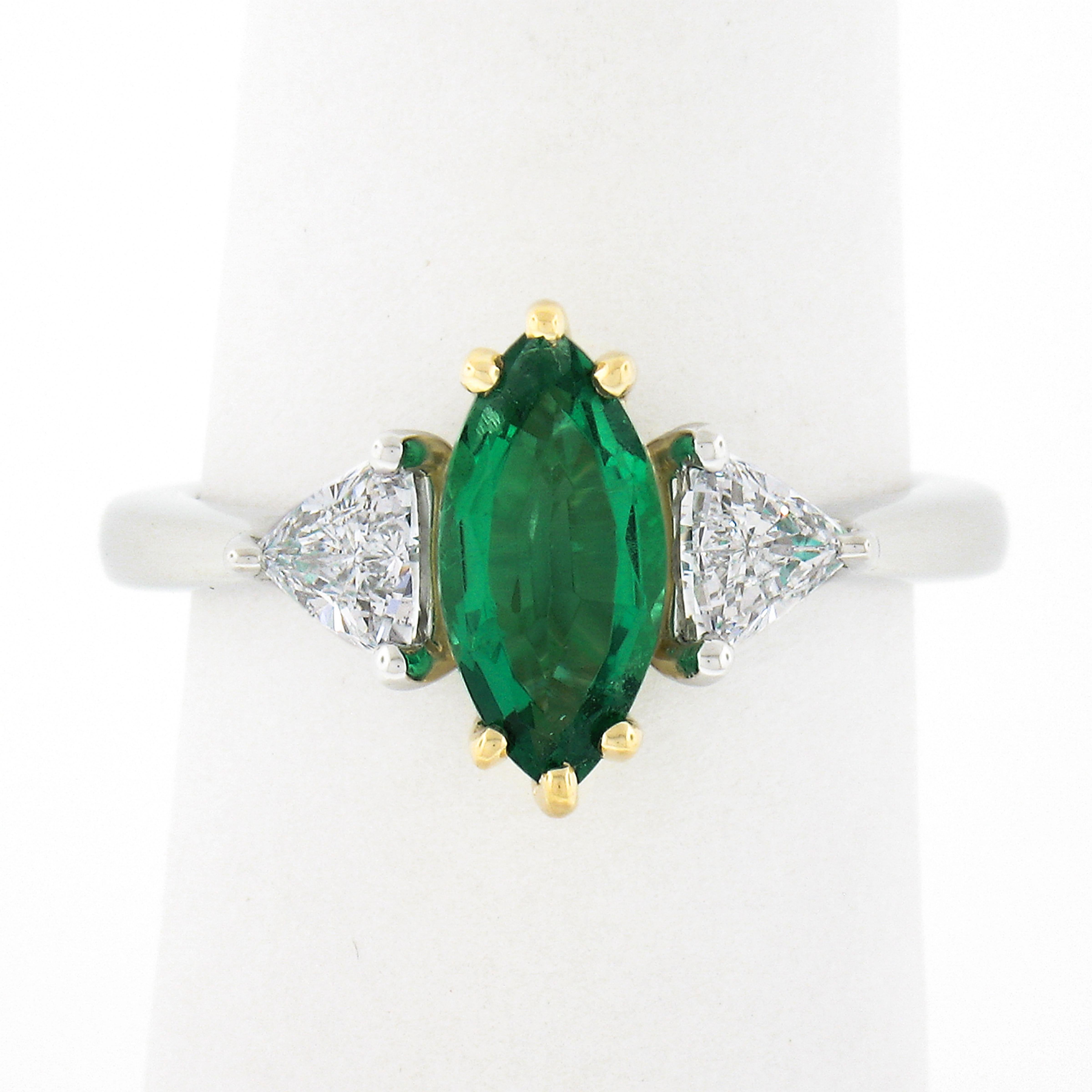 New Plat. & 18k Gold GIA Marquise Green Emerald w/ Trillion Diamond 3 Stone Ring For Sale 2