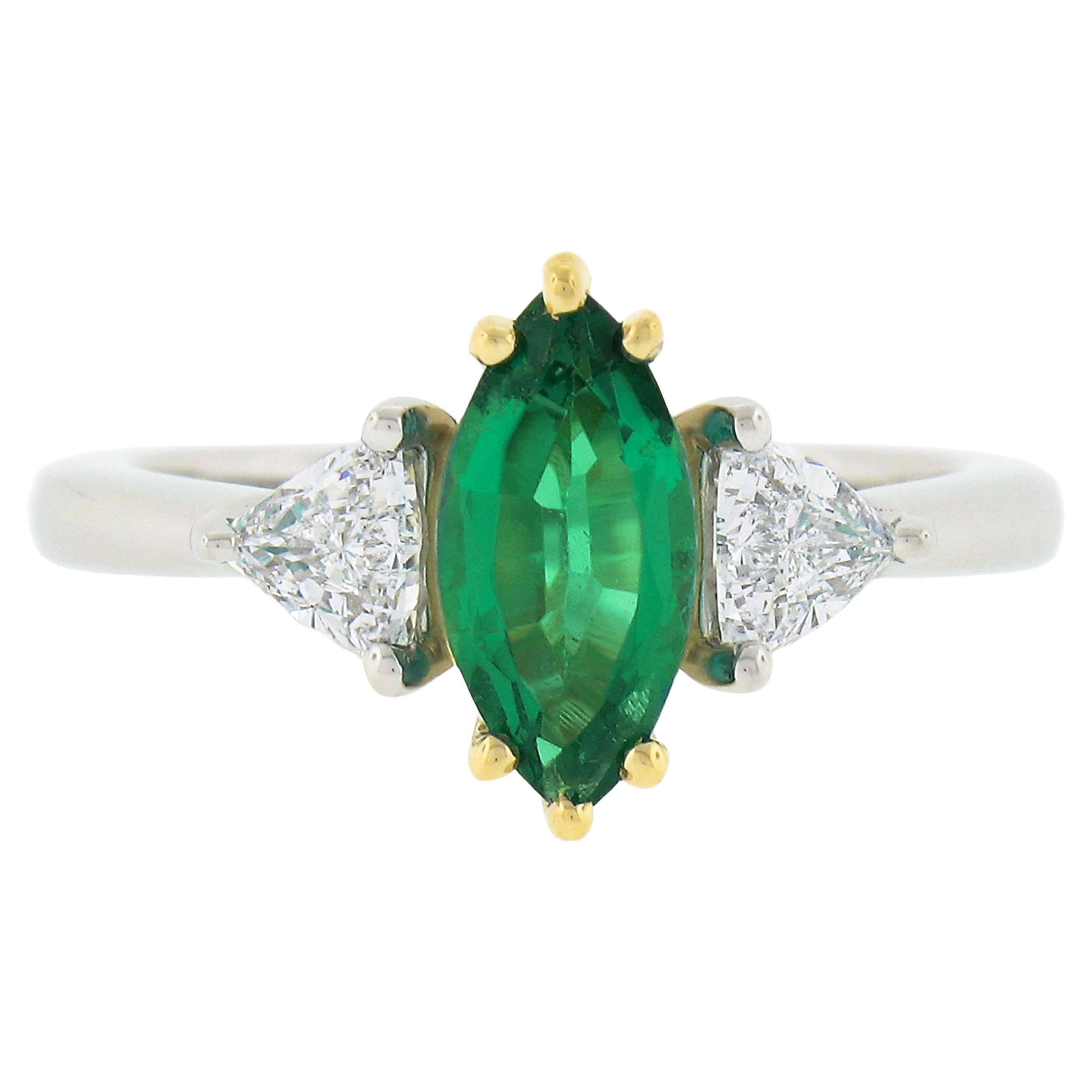 New Plat. & 18k Gold GIA Marquise Green Emerald w/ Trillion Diamond 3 Stone Ring For Sale