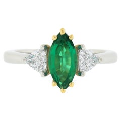 New Plat. & 18k Gold GIA Marquise Green Emerald w/ Trillion Diamond 3 Stone Ring