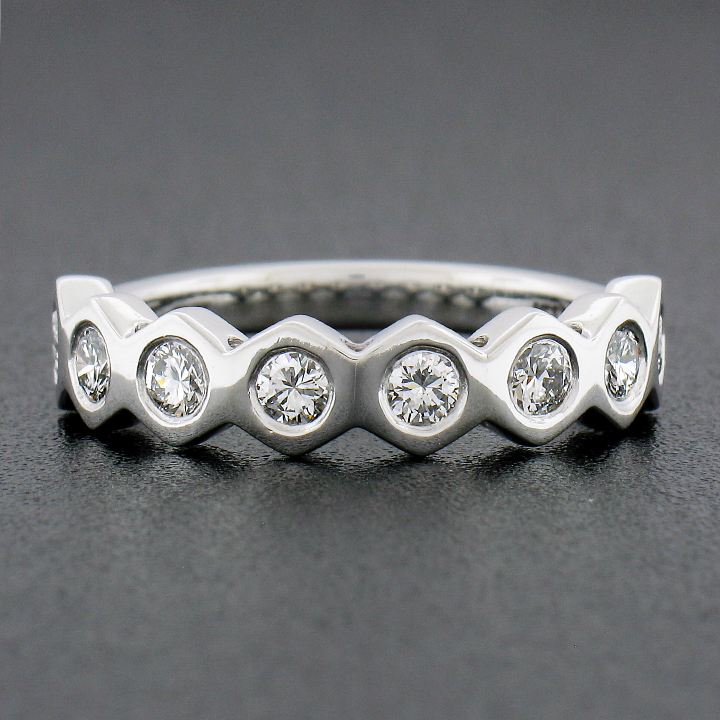 Round Cut New Platinum 0.52ctw Round Burnish Set Diamond Stackable Hexagon Shape Band Ring For Sale