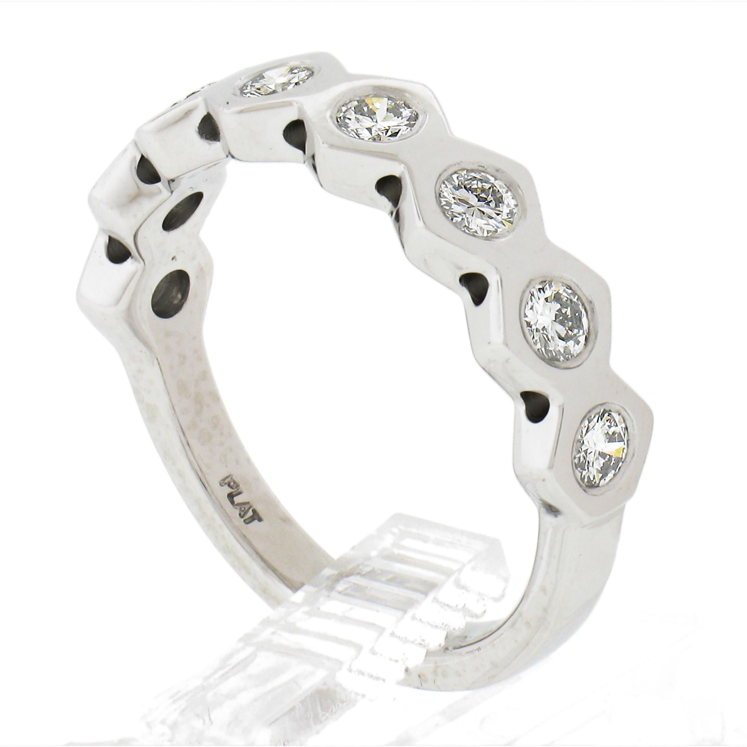 New Platinum 0.52ctw Round Burnish Set Diamond Stackable Hexagon Shape Band Ring For Sale 4