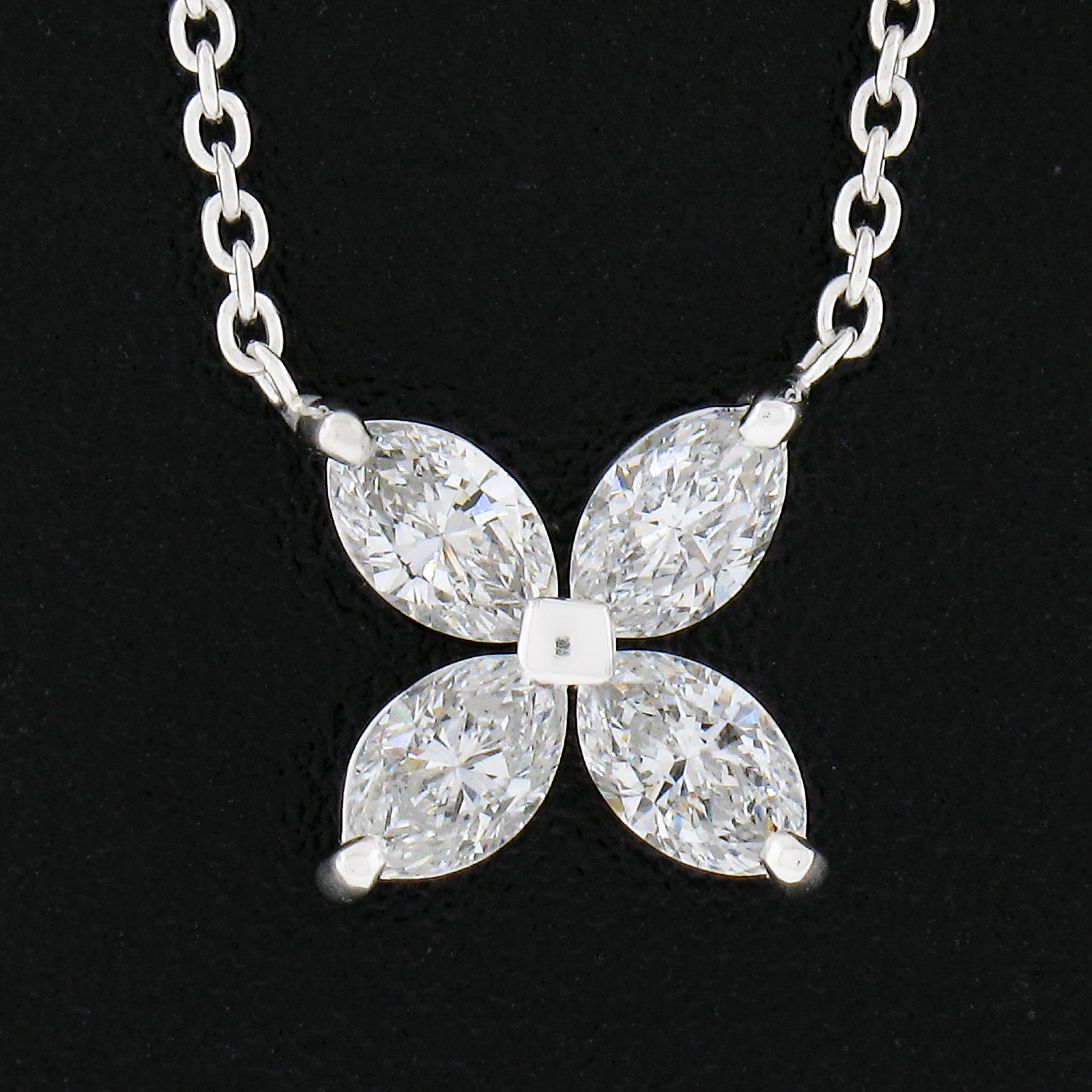 Marquise Cut NEW Platinum 0.56carat Prong Marquise Diamond Flower Butterfly Pendant Necklace For Sale