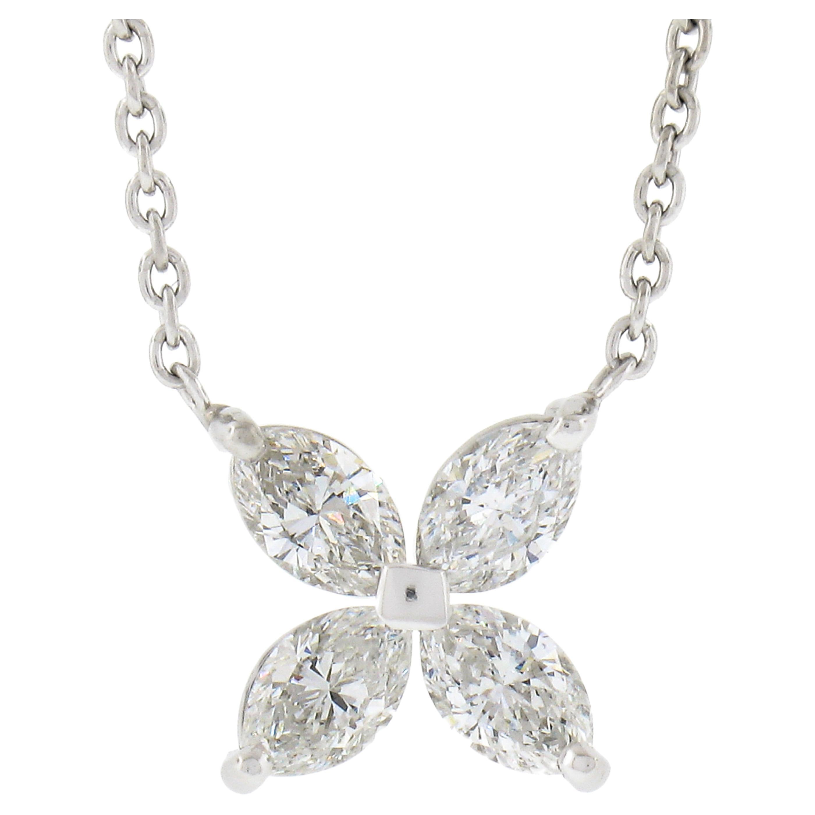 NEW Platinum 0.56carat Prong Marquise Diamond Flower Butterfly Pendant Necklace For Sale