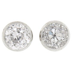 New Platinum 0.87ctw Round Old Mine Cut Diamond Milgrain Bezel Set Stud Earrings