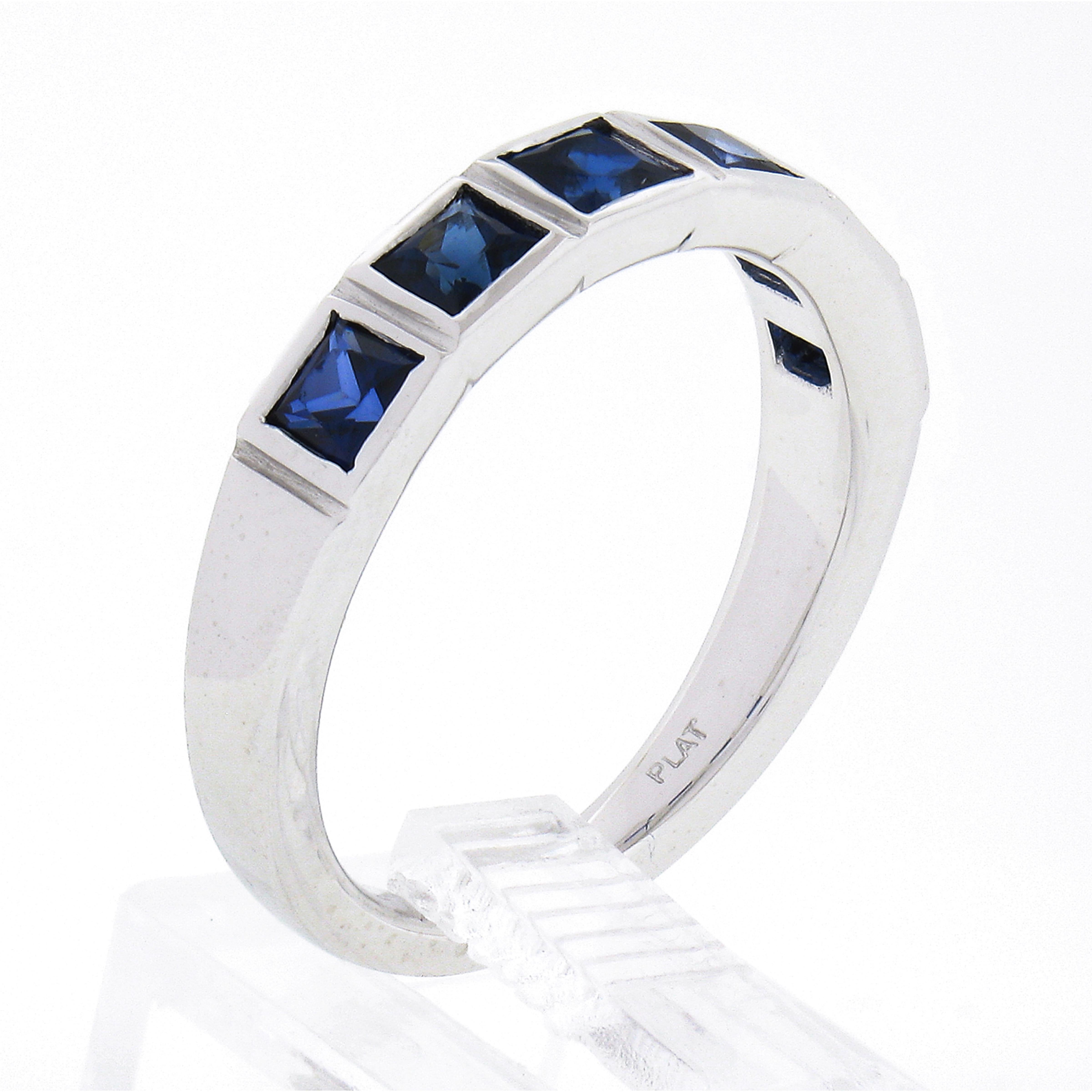 New Platinum 1.18ctw Square Step Cut Sapphire Bezel Set Stack Wedding Band Ring For Sale 3