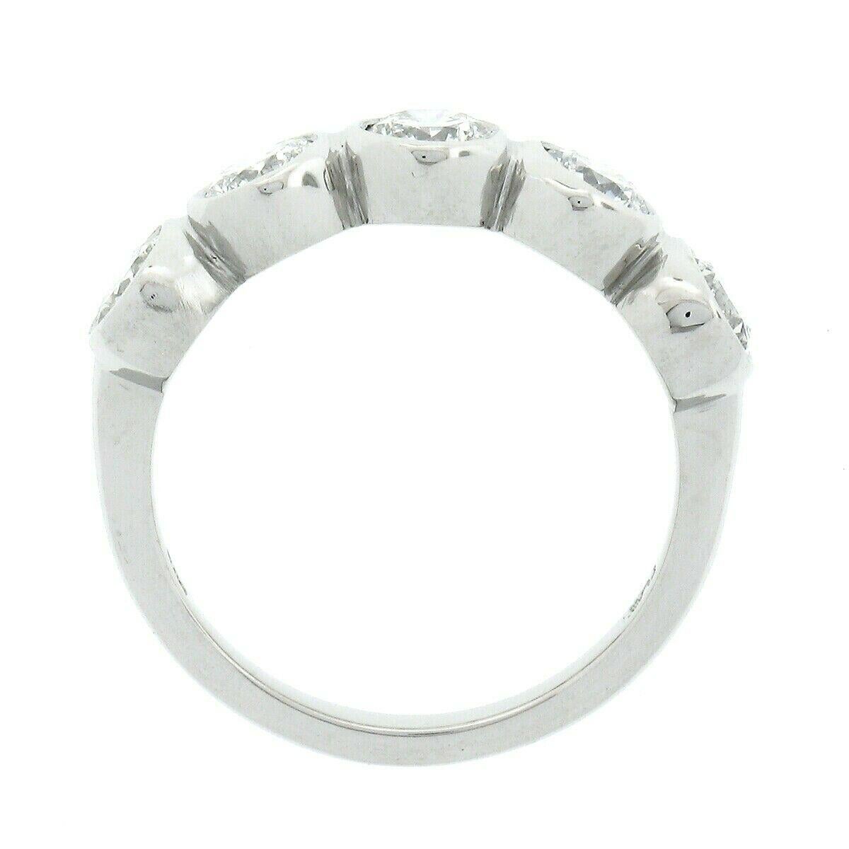 New Platinum 1.36ctw Round Bezel Large Diamond Five 5 Stone Wedding Band Ring For Sale 2