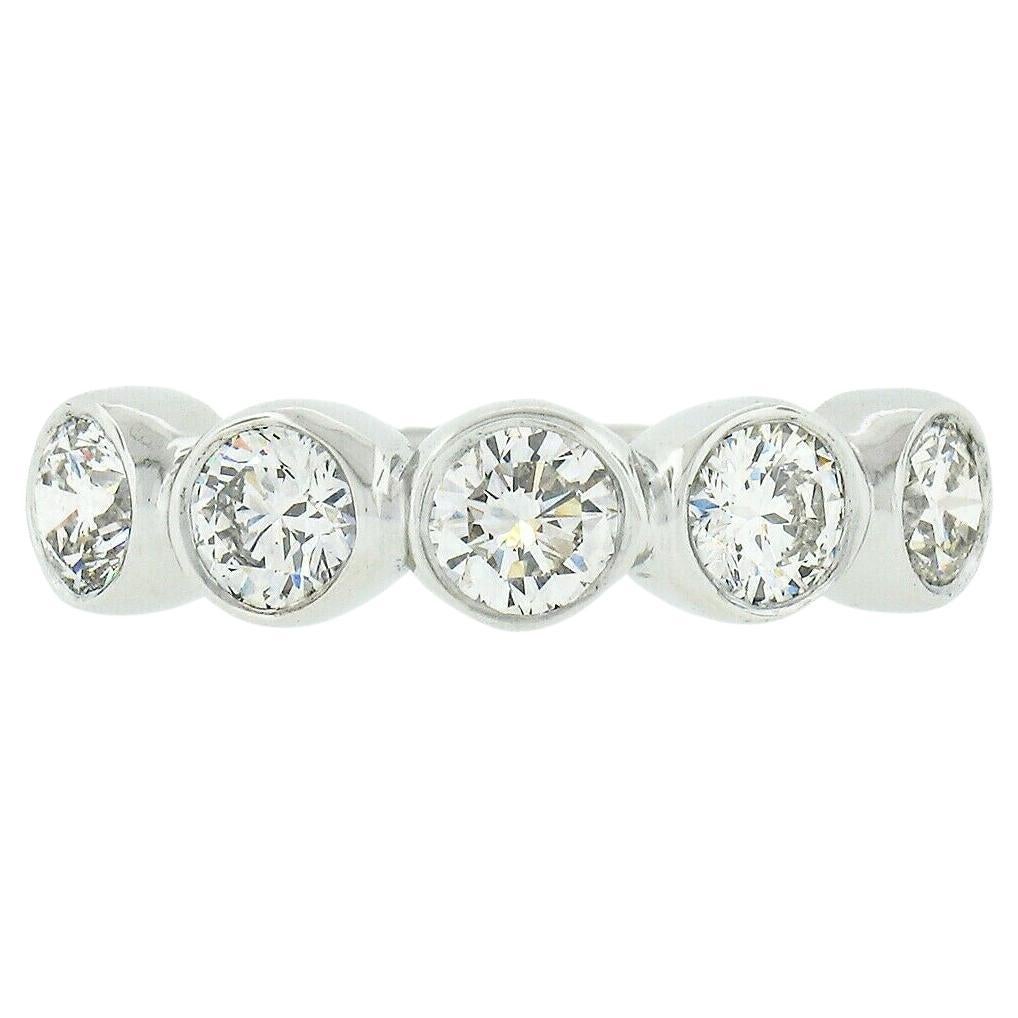 New Platinum 1.36ctw Round Bezel Large Diamond Five 5 Stone Wedding Band Ring For Sale