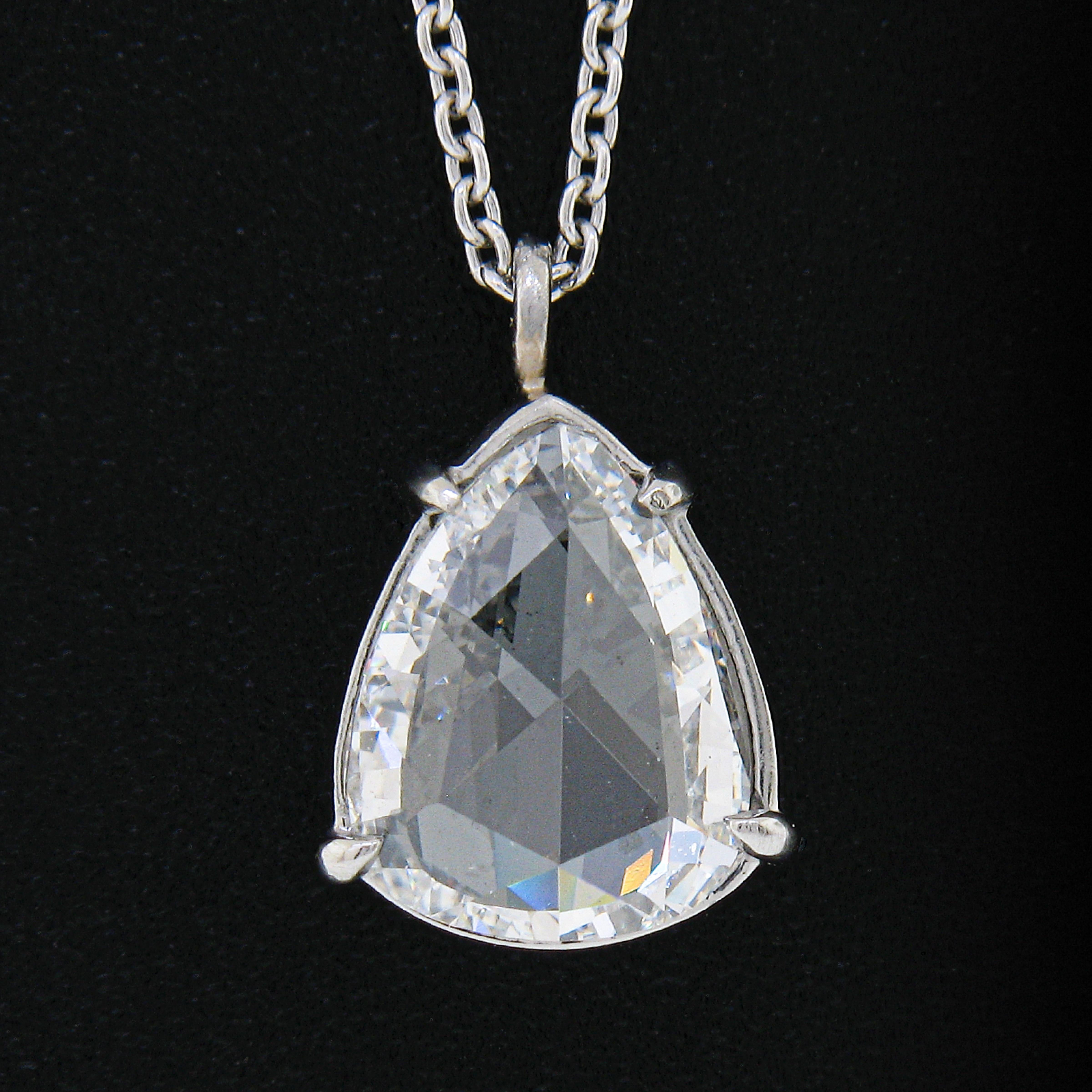 Pear Cut New Platinum 1.38ctw GIA Pear Rose Cut Diamond Solitaire Collet Pendant & Chain For Sale