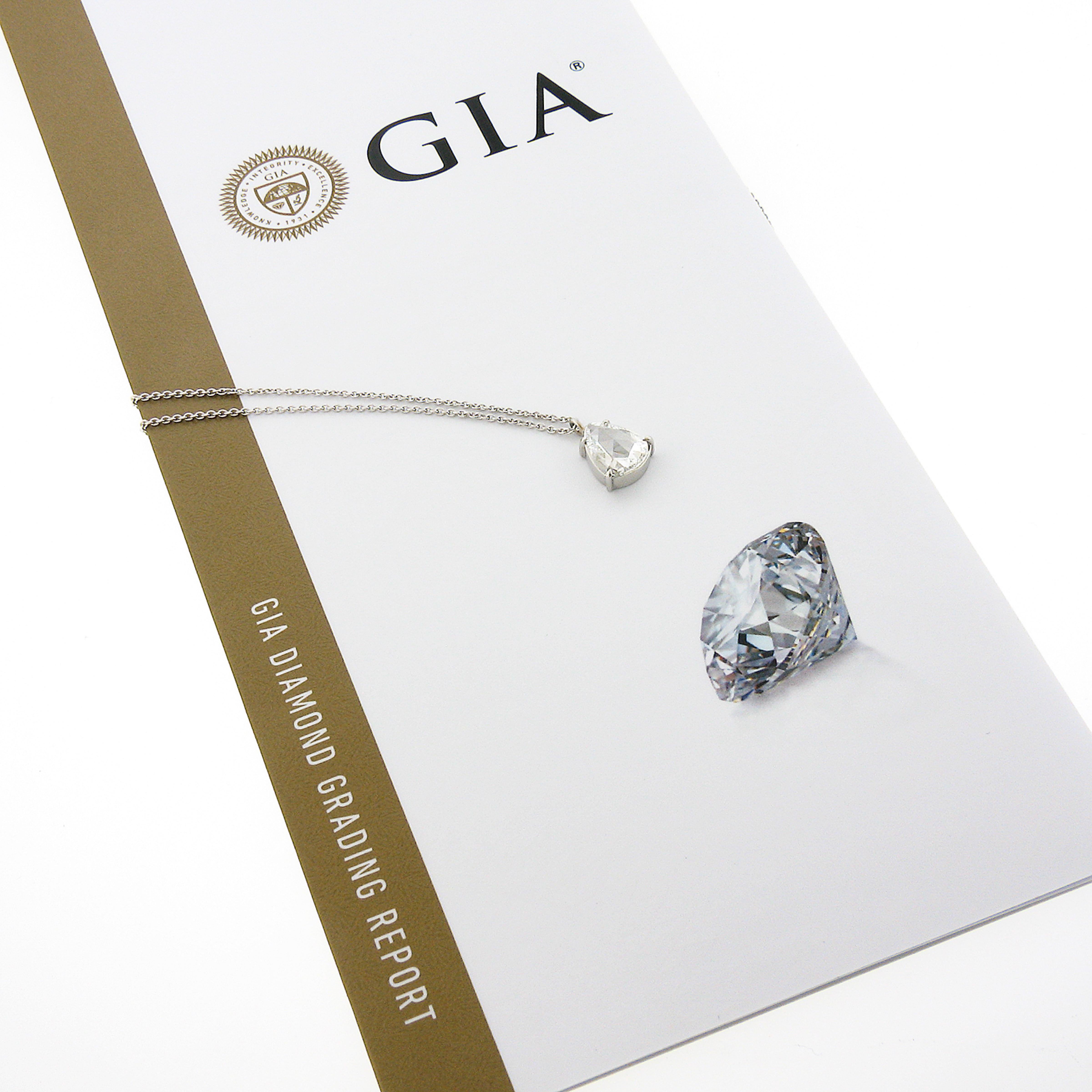 New Platinum 1.38ctw GIA Pear Rose Cut Diamond Solitaire Collet Pendant & Chain For Sale 3