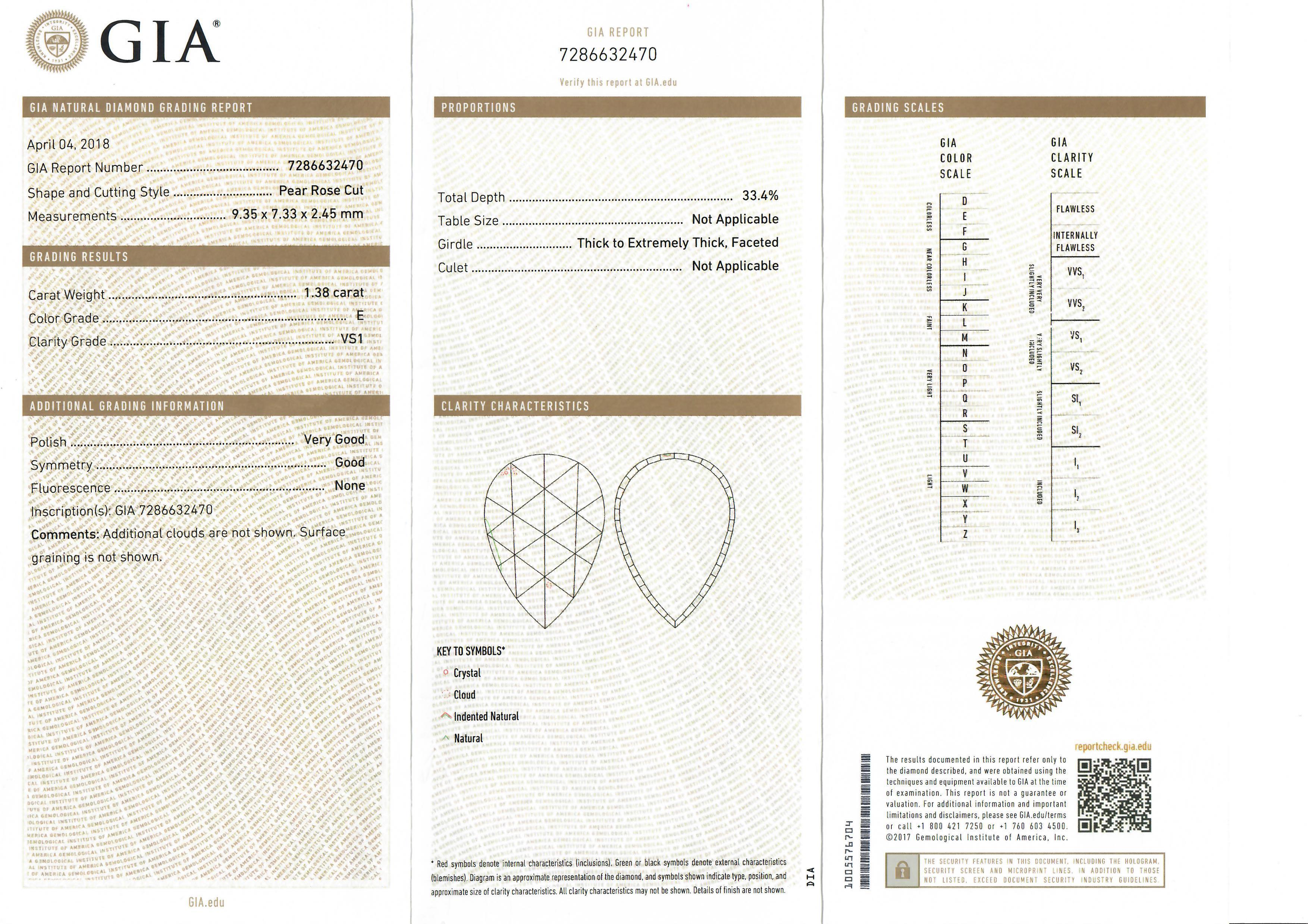 New Platinum 1.38ctw GIA Pear Rose Cut Diamond Solitaire Collet Pendant & Chain For Sale 4
