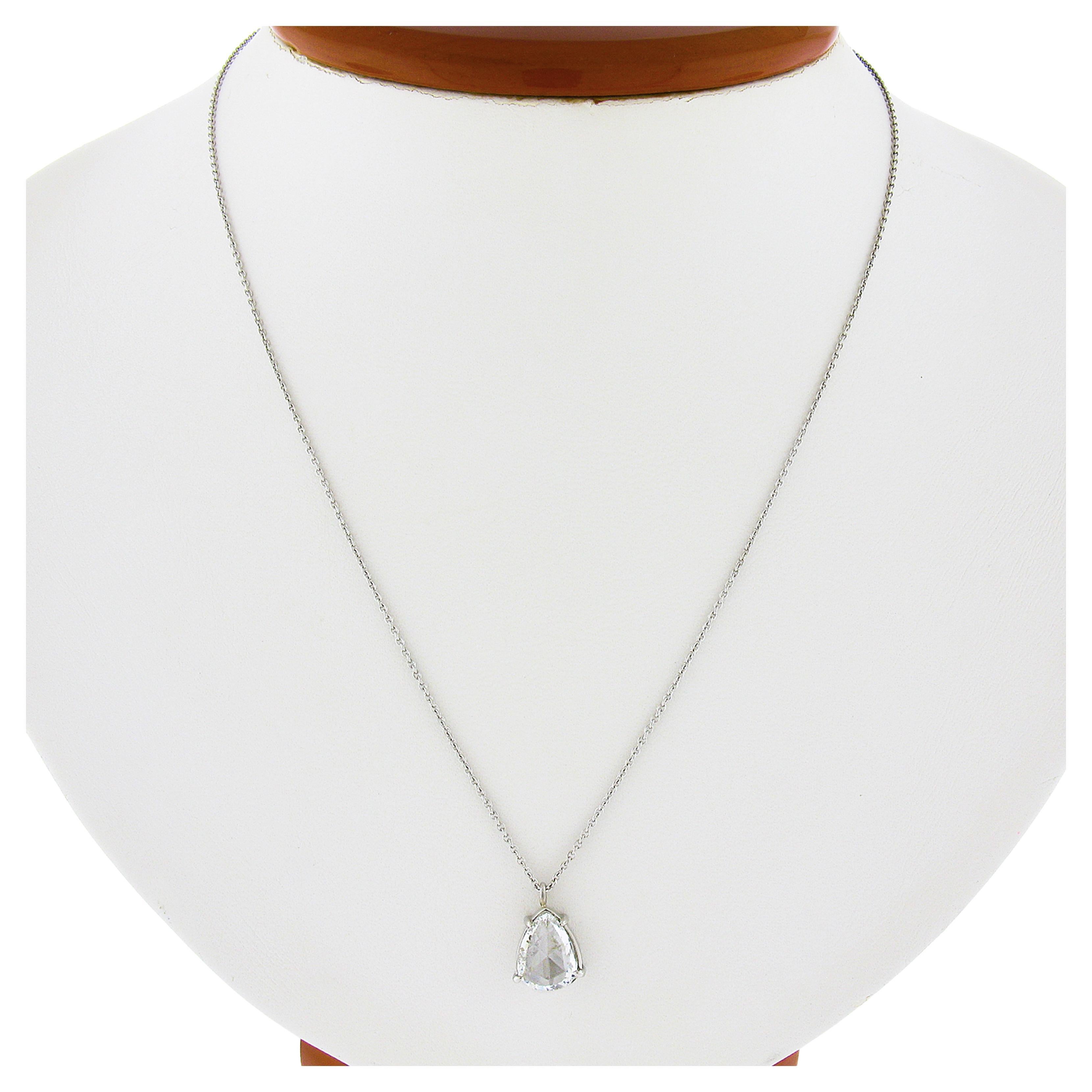 New Platinum 1.38ctw GIA Pear Rose Cut Diamond Solitaire Collet Pendant & Chain For Sale