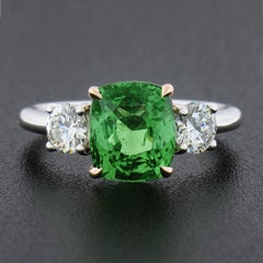 New Platinum 14k Gold 4.23ctw GIA Cushion Tsavorite & Round Diamond Accents Ring