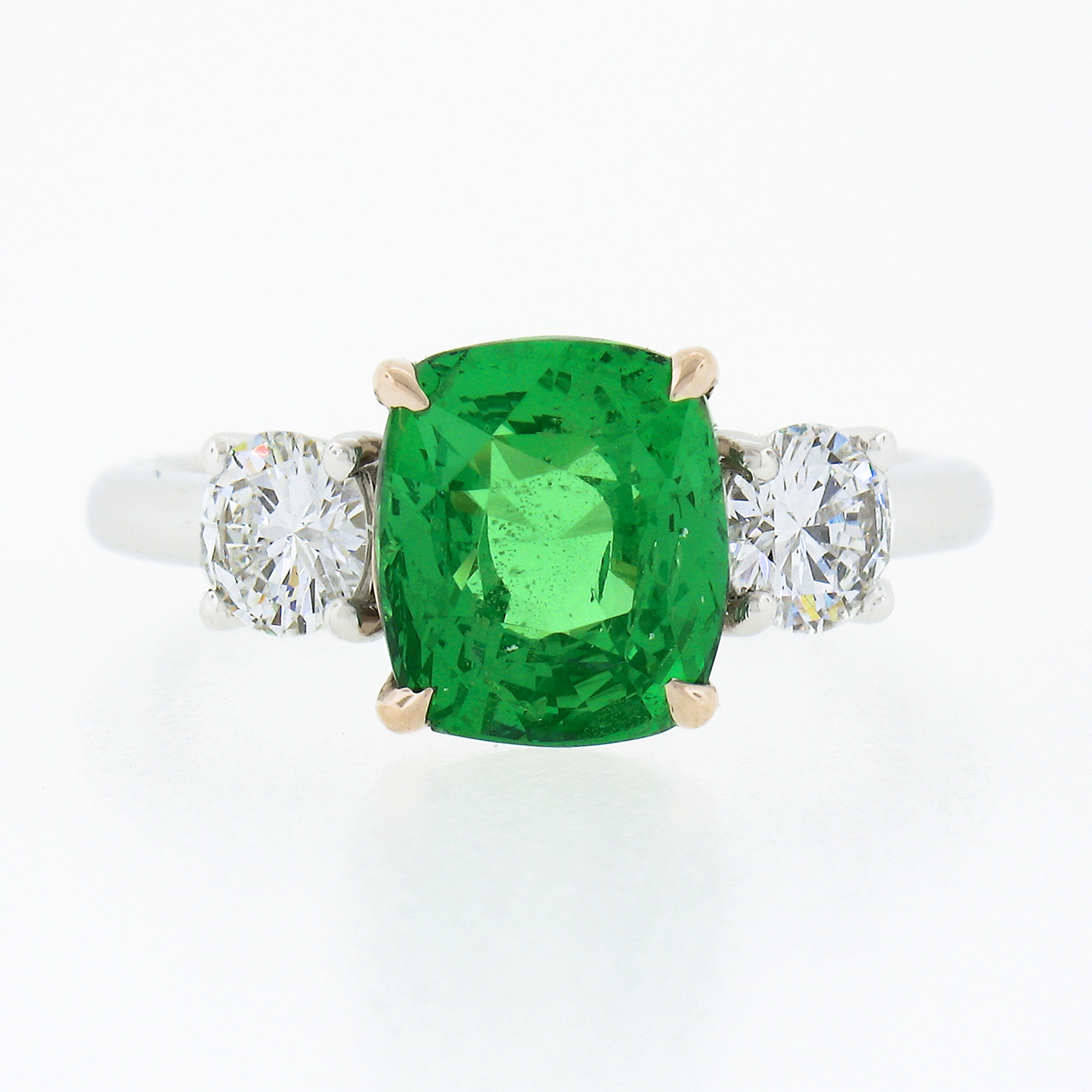 New Platinum 14k Gold 4.23ctw GIA Cushion Tsavorite & Round Diamond Accents Ring In New Condition For Sale In Montclair, NJ