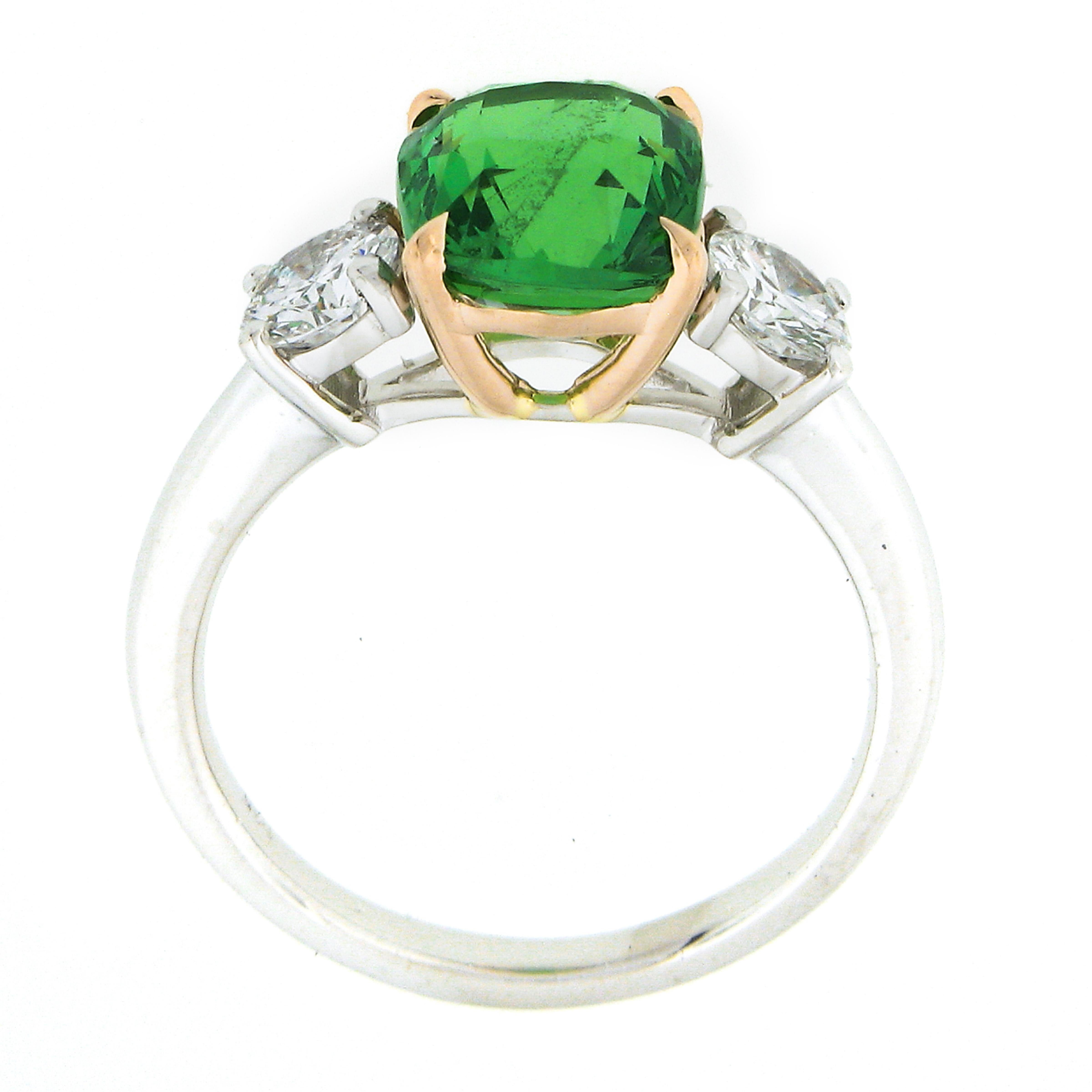 New Platinum 14k Gold 4.23ctw GIA Cushion Tsavorite & Round Diamond Accents Ring For Sale 2