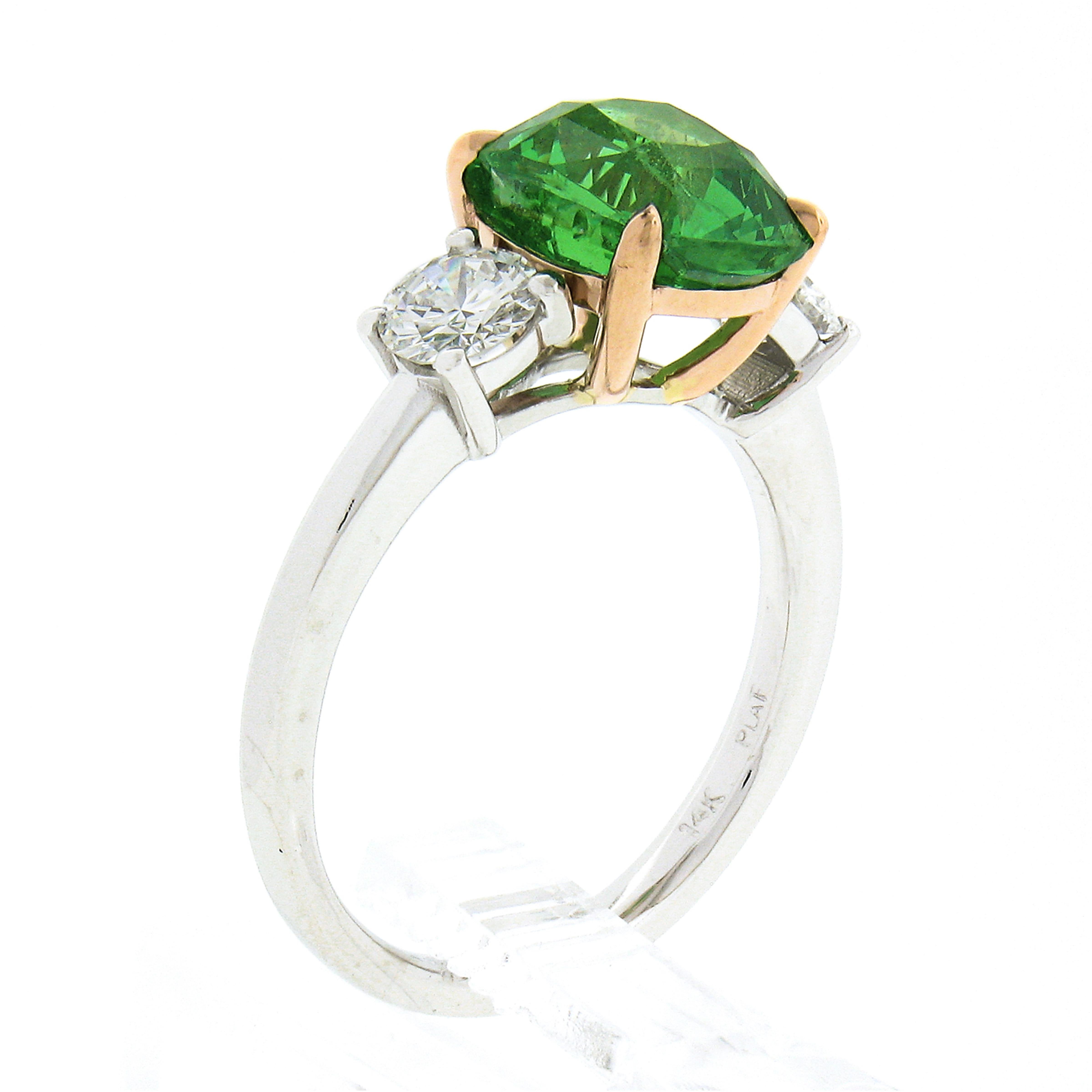 New Platinum 14k Gold 4.23ctw GIA Cushion Tsavorite & Round Diamond Accents Ring For Sale 3
