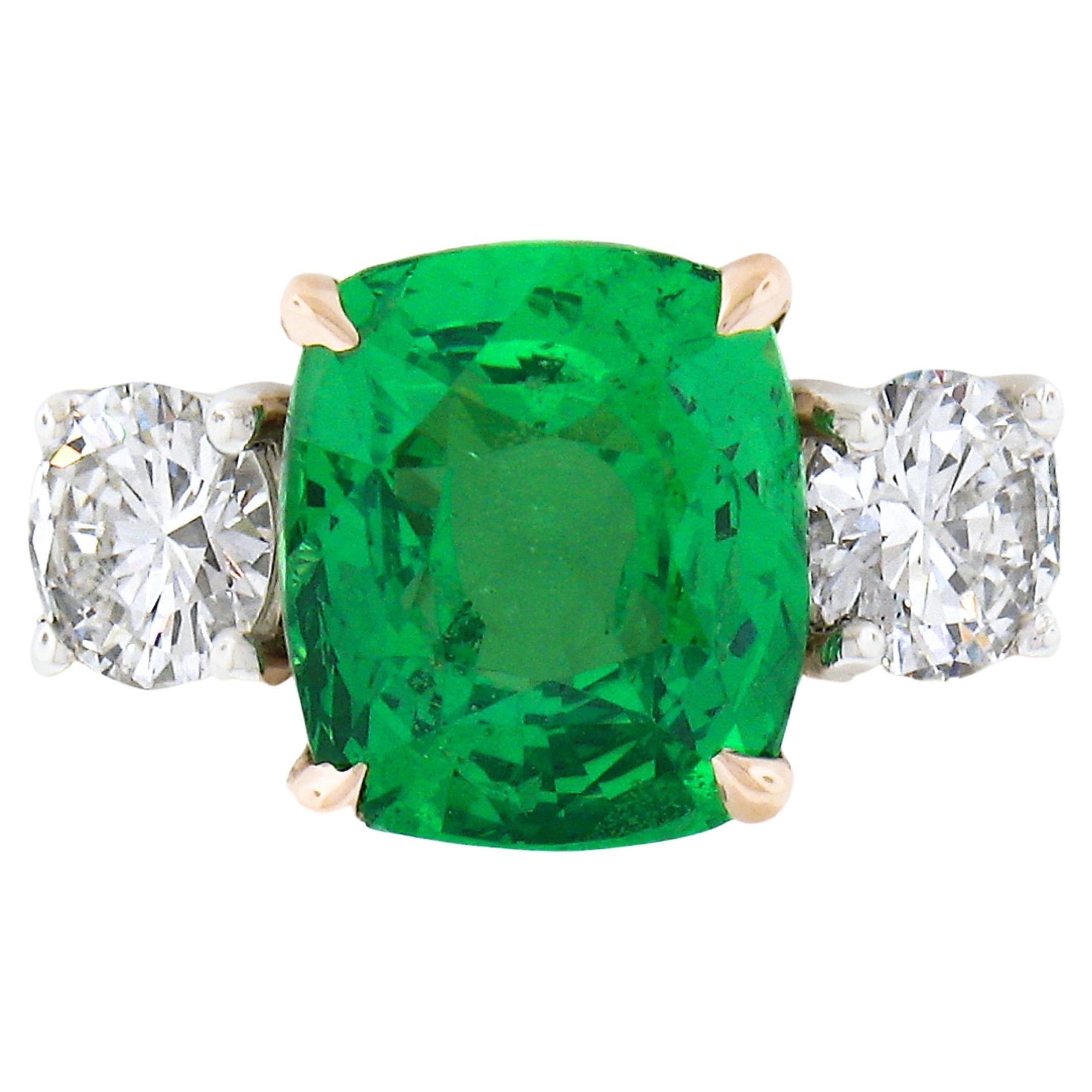 New Platinum 14k Gold 4.23ctw GIA Cushion Tsavorite & Round Diamond Accents Ring For Sale