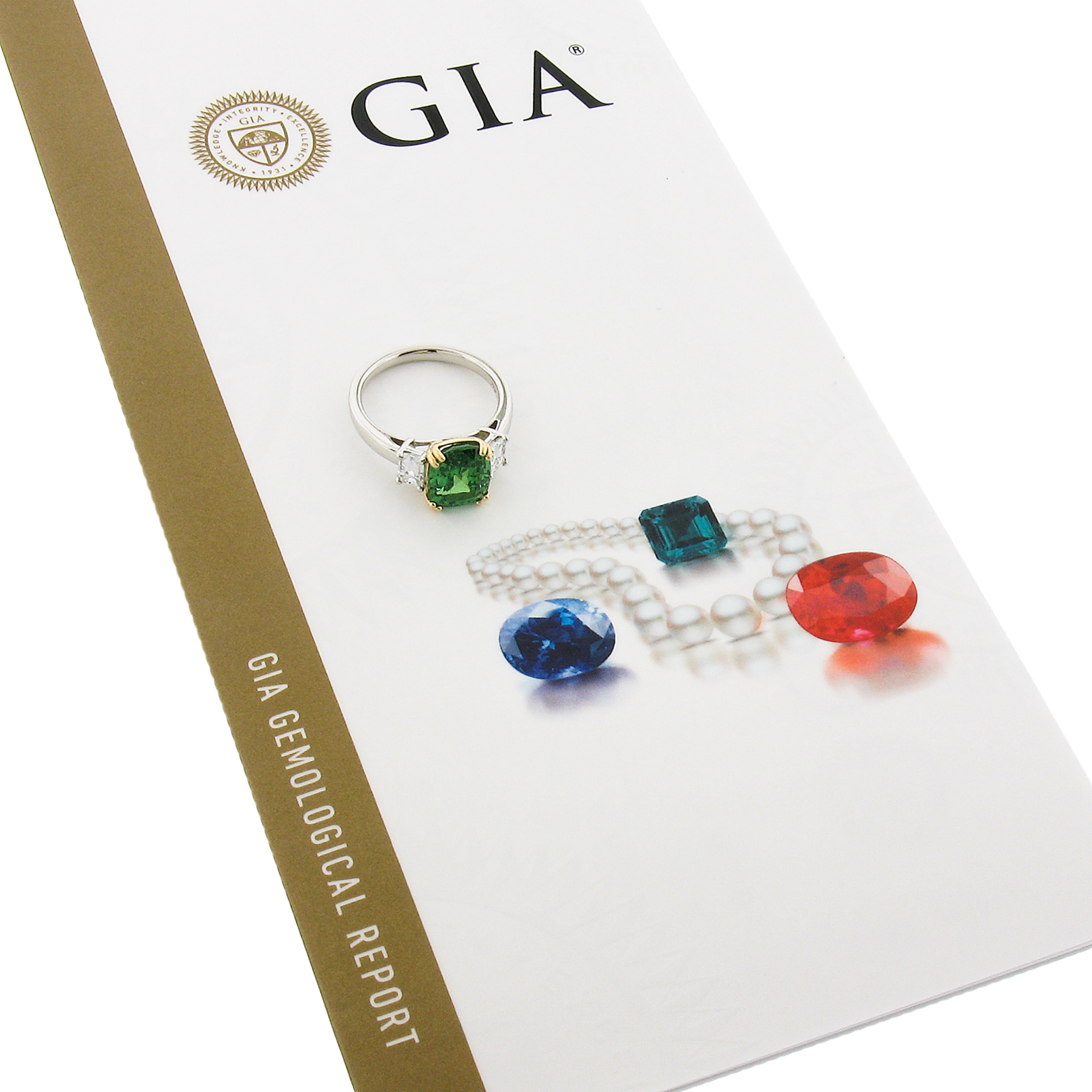 New Platinum & 14K Gold 4.39ctw GIA Cushion Tsavorite & Emerald Cut Diamond Ring For Sale 2
