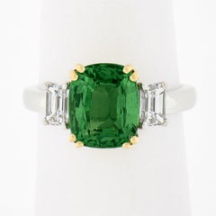 New Platinum & 14K Gold 4.39ctw GIA Cushion Tsavorite & Emerald Cut Diamond Ring
