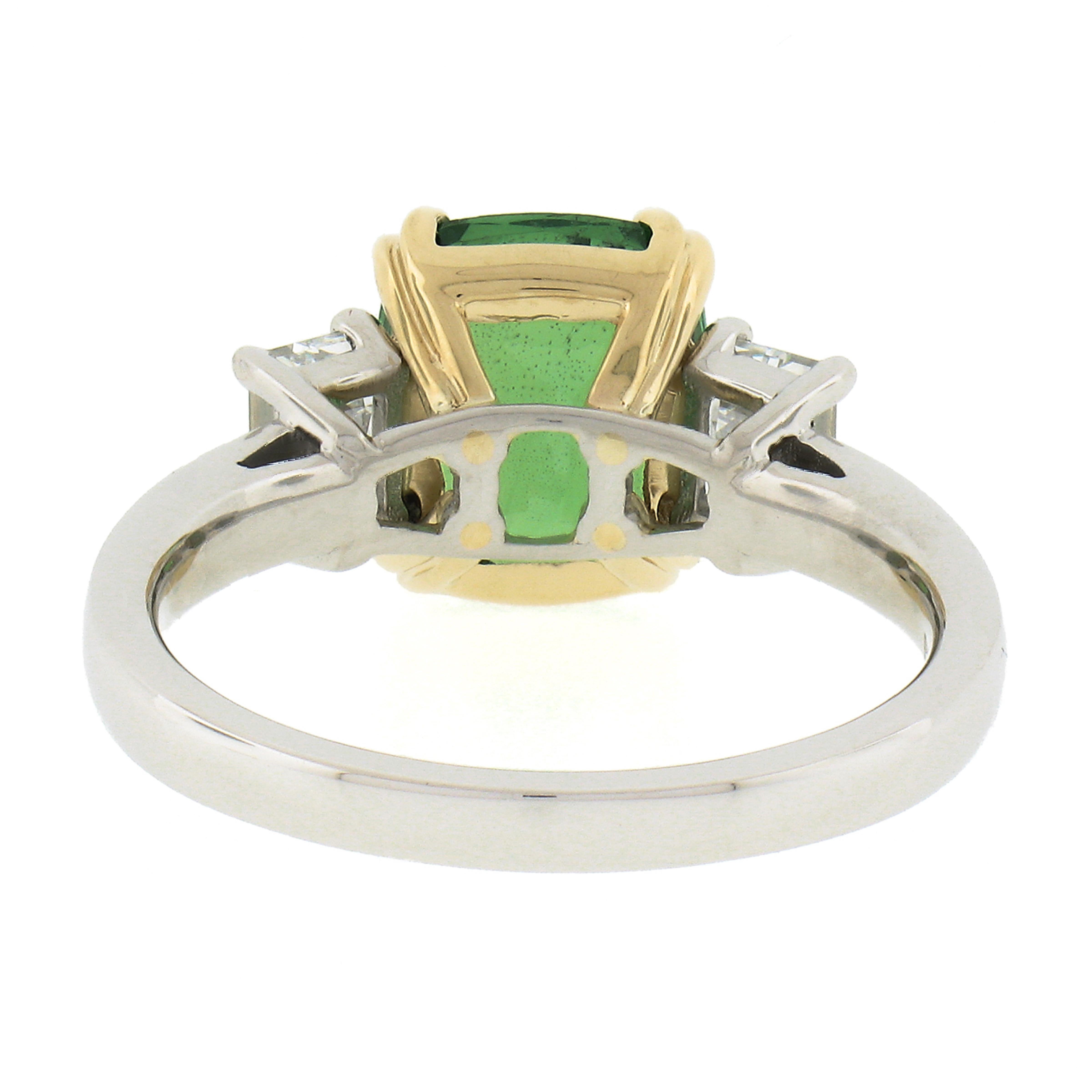 New Platinum & 14K Gold 4.39ctw GIA Cushion Tsavorite & Emerald Cut Diamond Ring In New Condition For Sale In Montclair, NJ