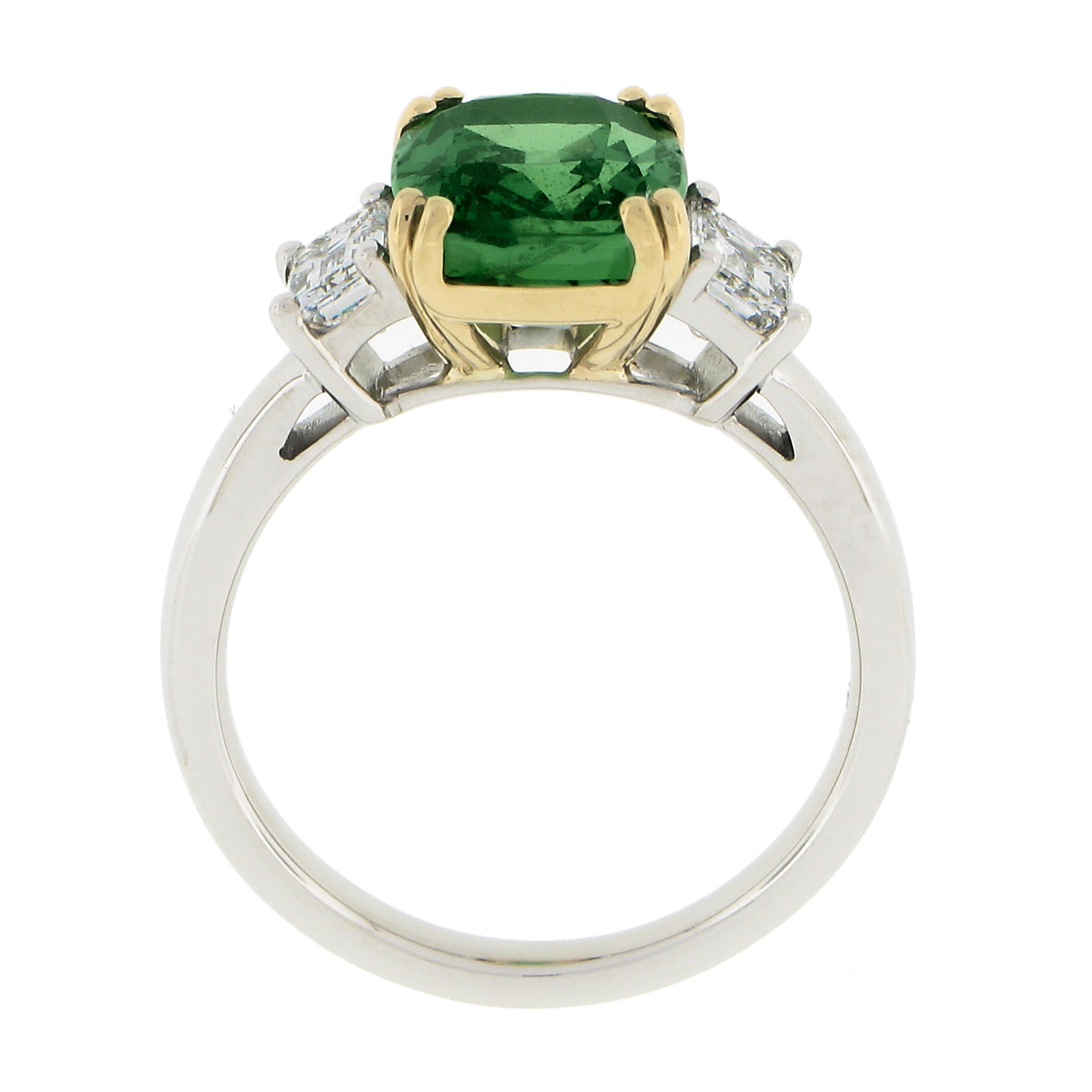 Women's New Platinum & 14K Gold 4.39ctw GIA Cushion Tsavorite & Emerald Cut Diamond Ring For Sale