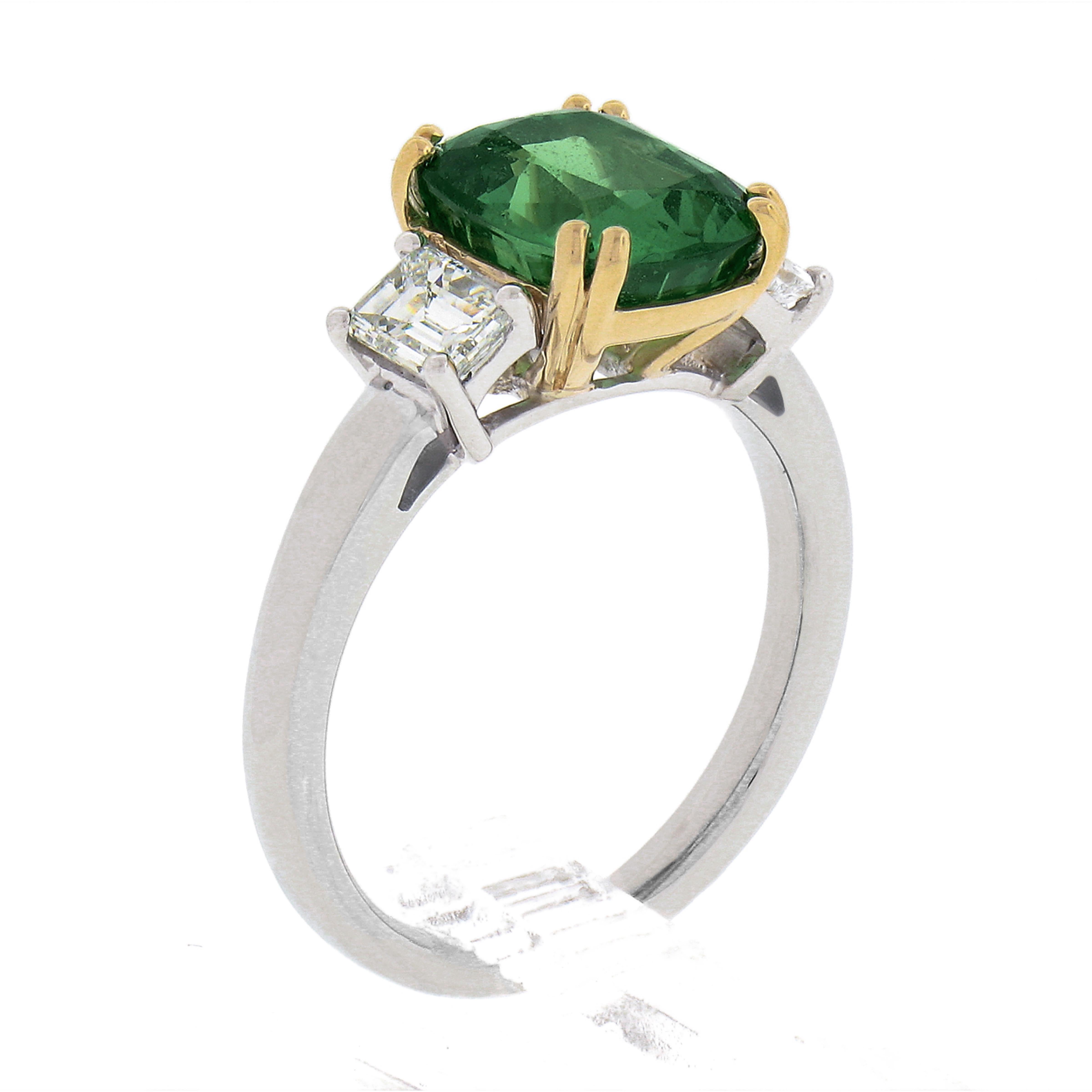 New Platinum & 14K Gold 4.39ctw GIA Cushion Tsavorite & Emerald Cut Diamond Ring For Sale 1