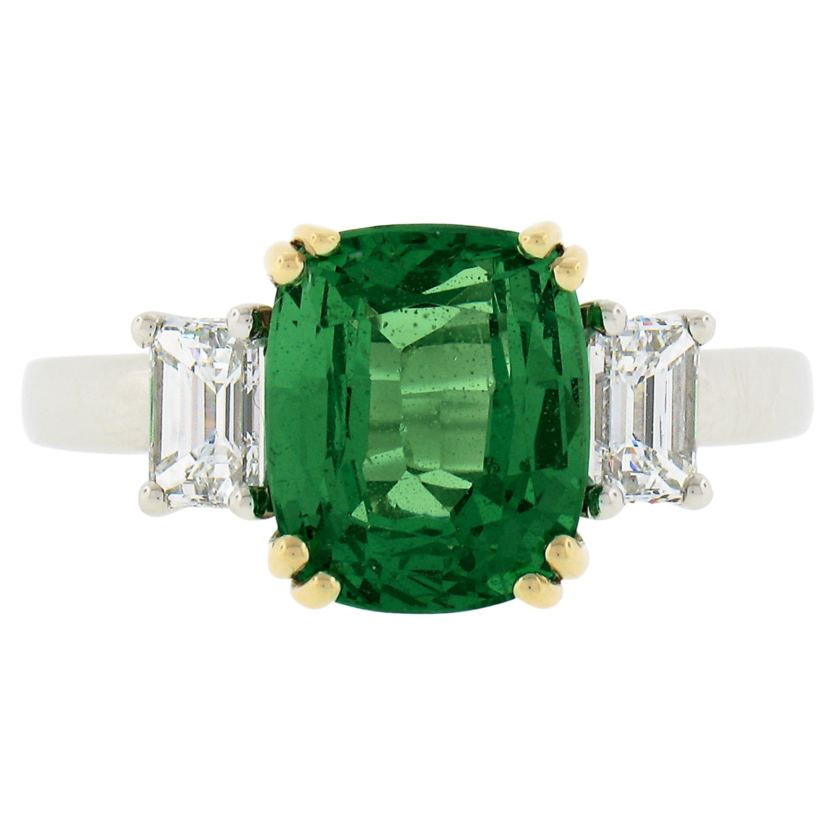 NEU Platin & 14k Gold 4,39ctw GIA Kissen Tsavorit & Smaragd Schliff Diamant Ring